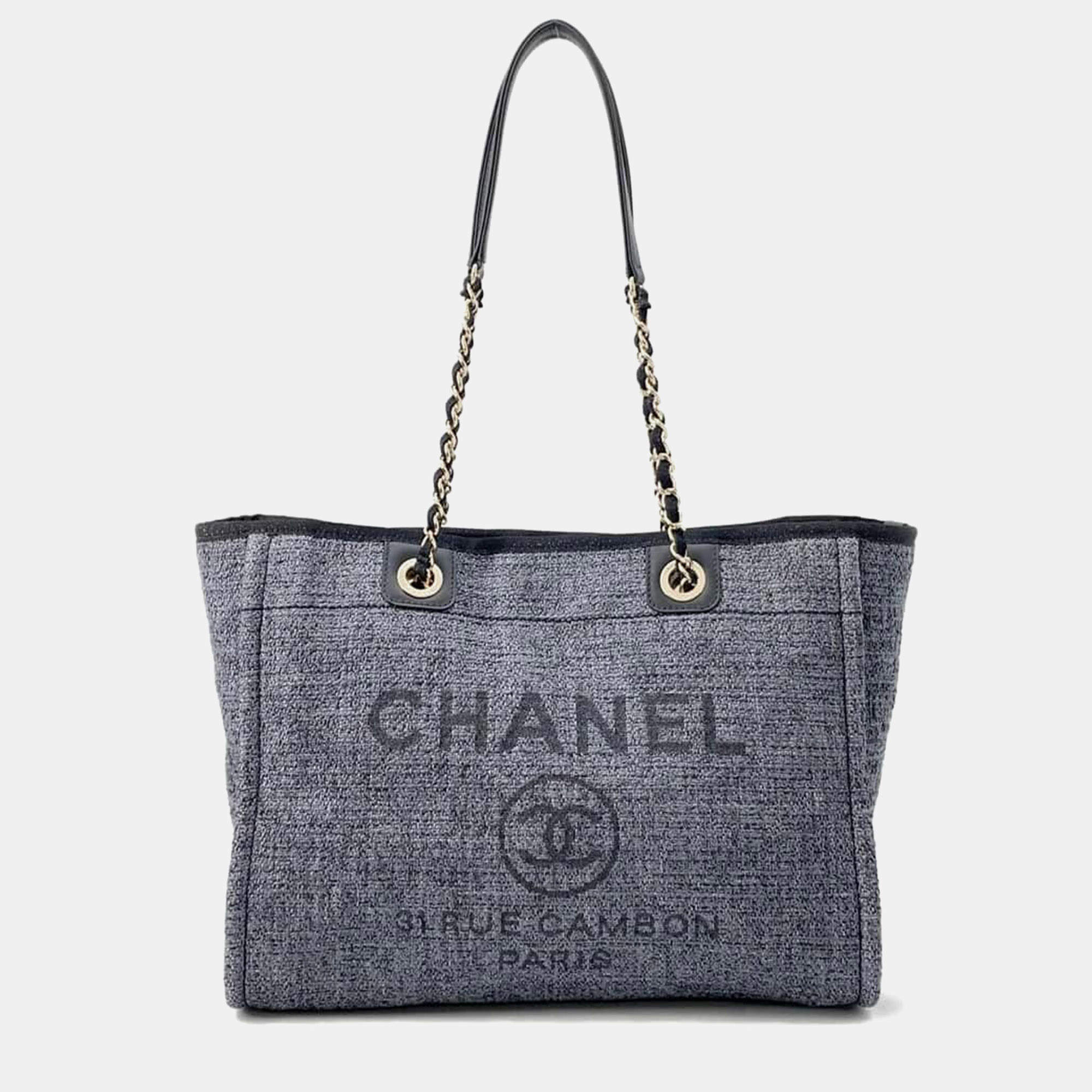 Chanel Deauville Chain tote Bag Gray Raffia Leather Size Mm