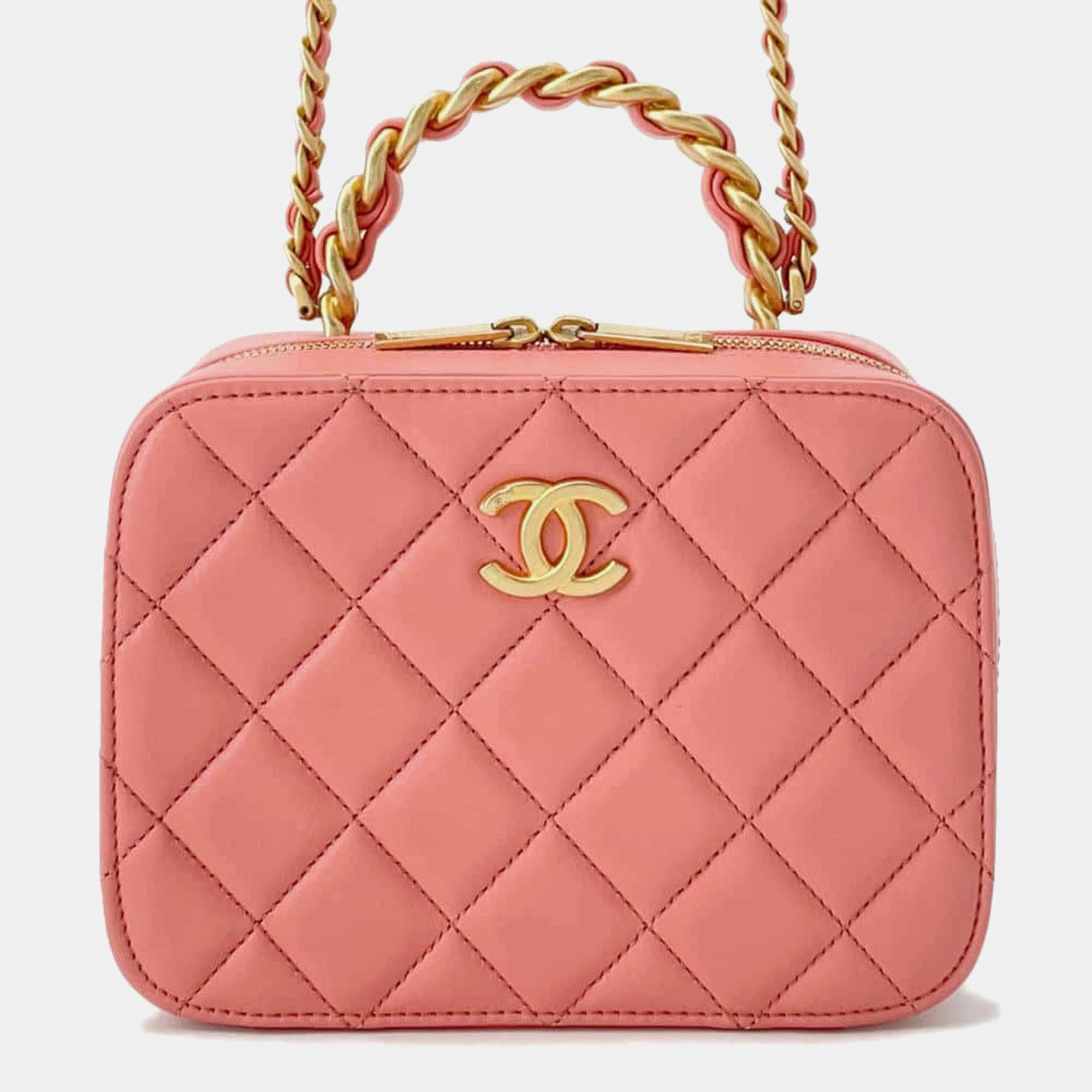 Chanel Pink Lambskin Leather Matelasse Chain Vanity Bag