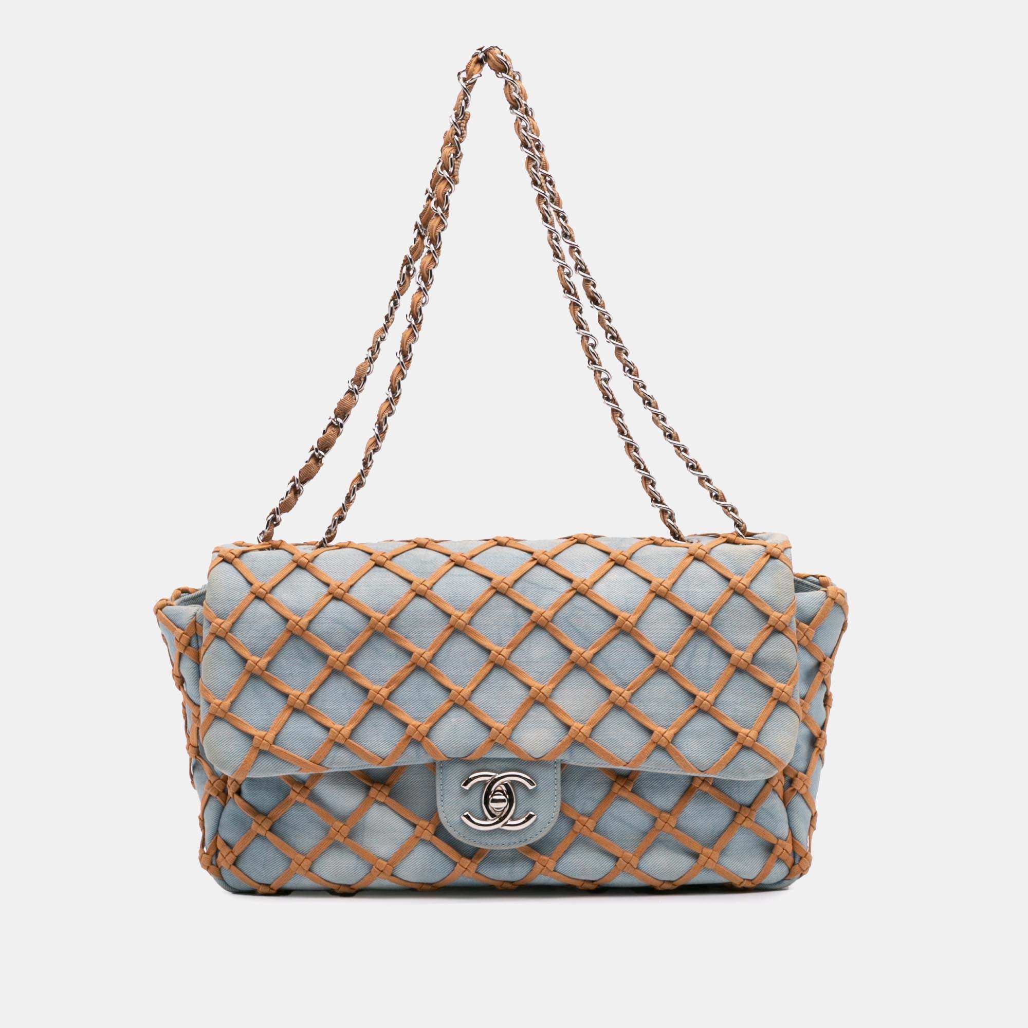 Chanel Blue Brown Jumbo Denim Canebiers Net Flap