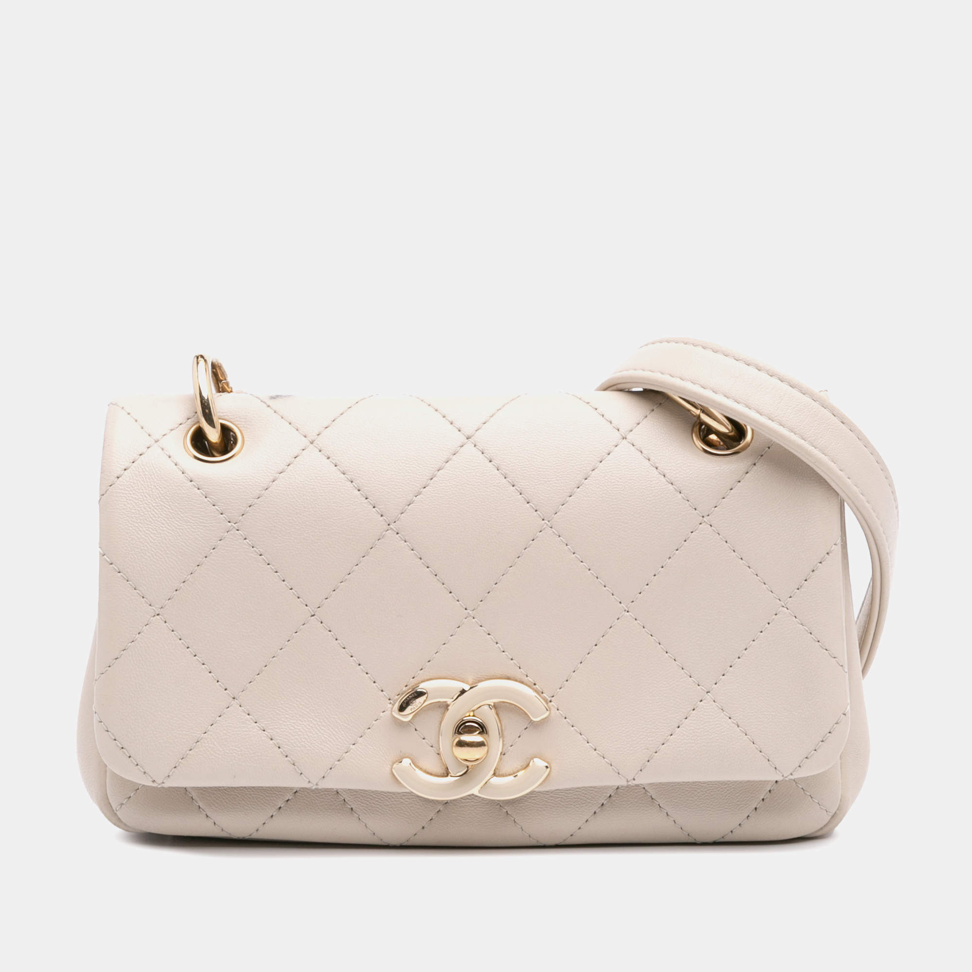 Pre Owned Chanel Beige Medium Lambskin Twist Chain Enamel CC Flap
