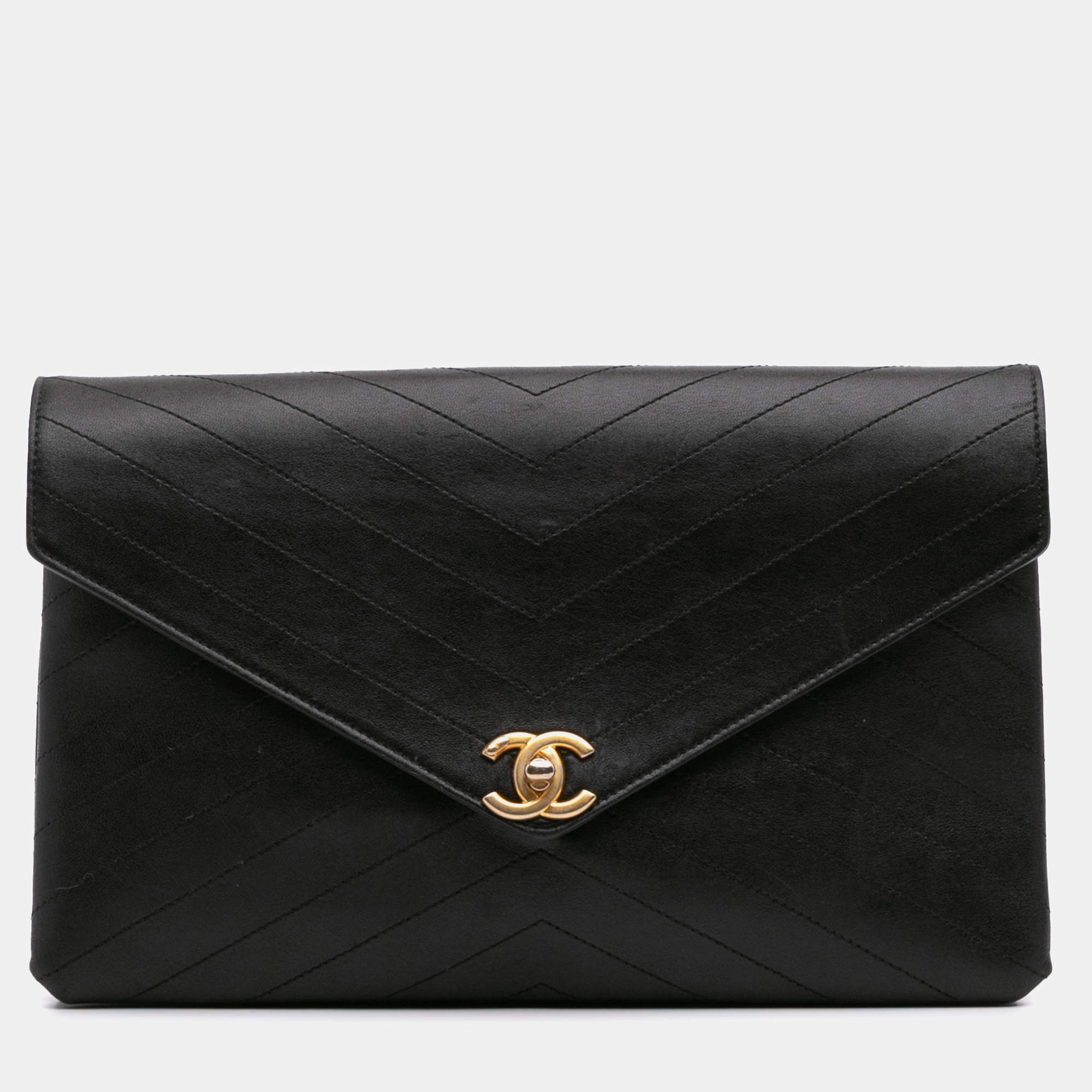 Chanel Black CC Chevron Calfskin Envelope Clutch