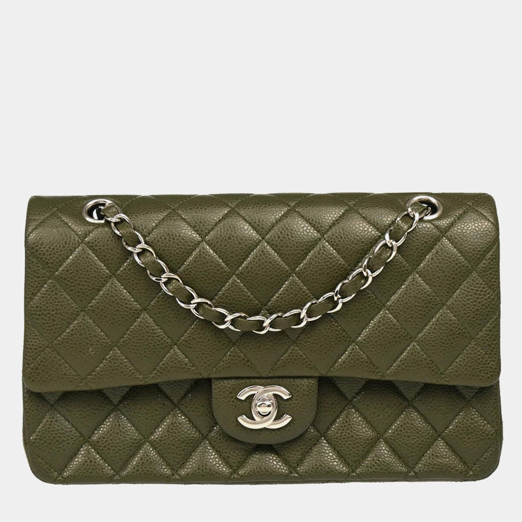 Pre Owned Chanel Green Calfskin Medium Classic Double Flap Shoulder Bag