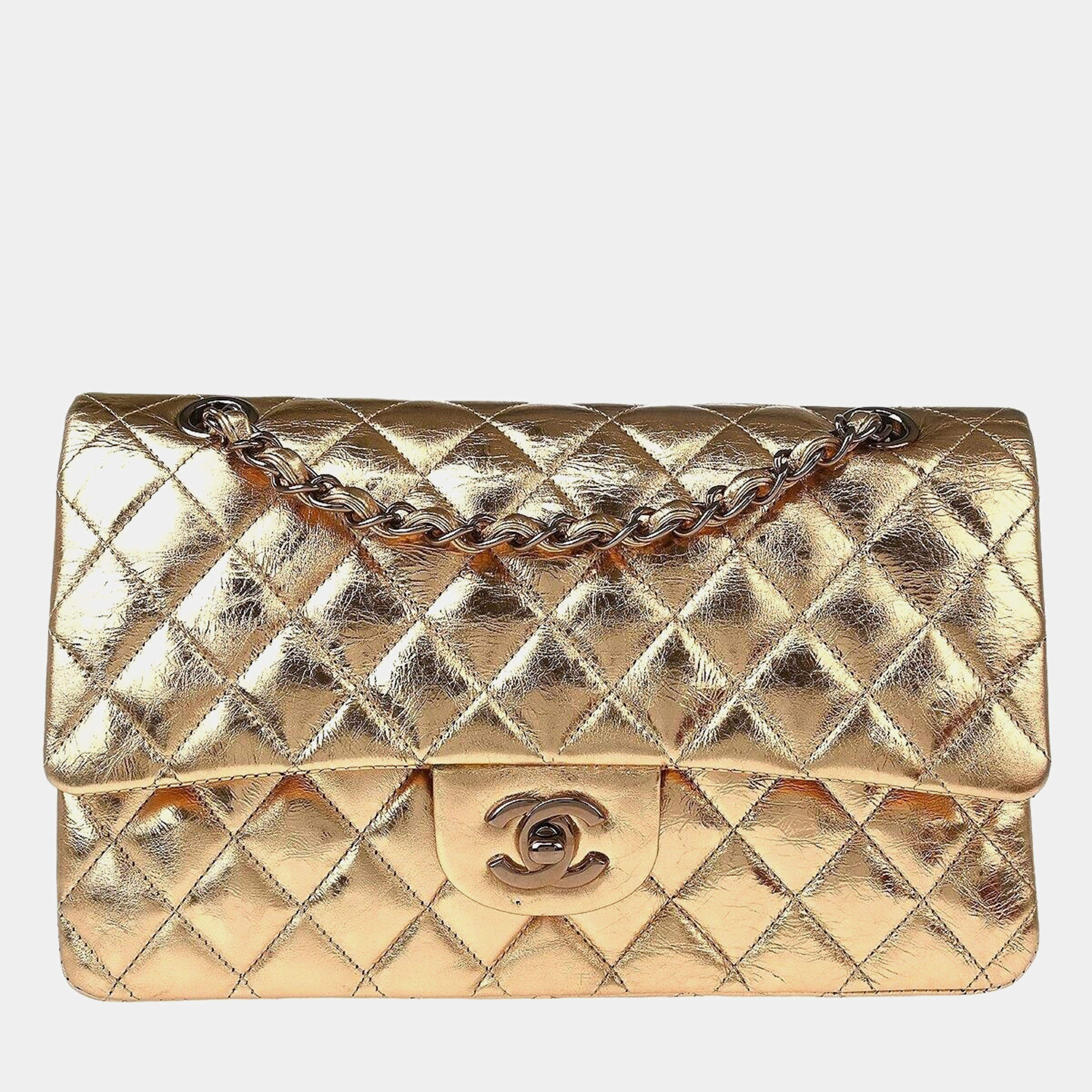 Pre Owned Chanel Gold Metallic Lambskin Medium Classic Double Flap Shoulder Bag