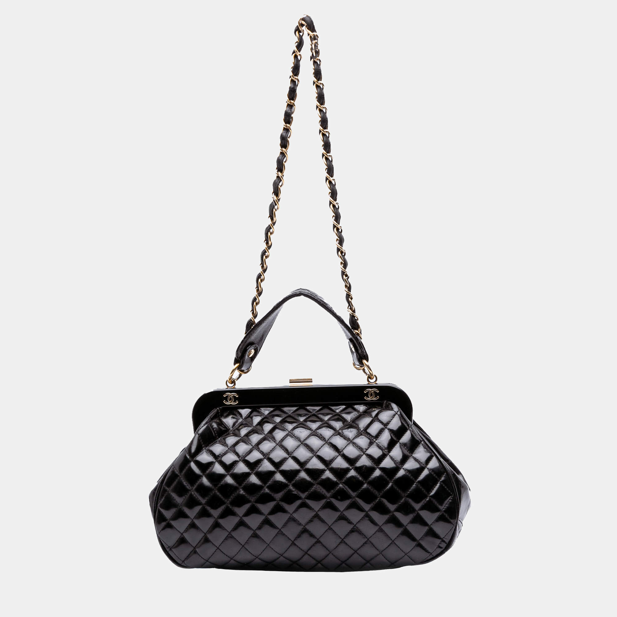 Chanel Black Small Quilted Glazed Calfskin Mademoiselle Frame Top Handle Bag