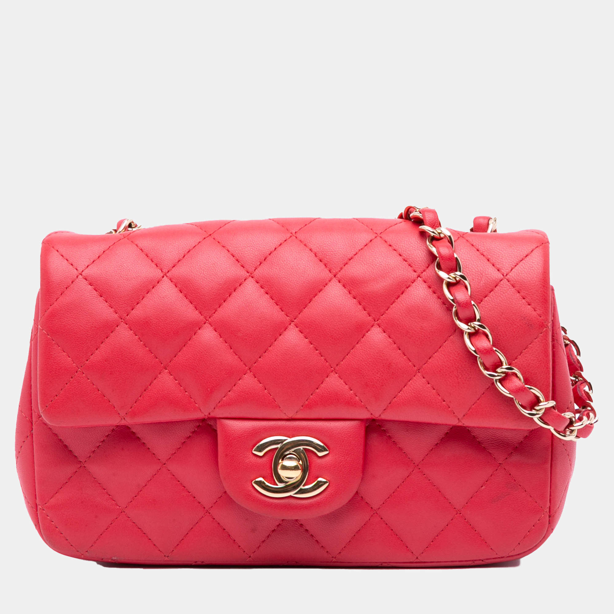 Pre Owned Chanel Red Mini Rectangular Classic Lambskin Single Flap