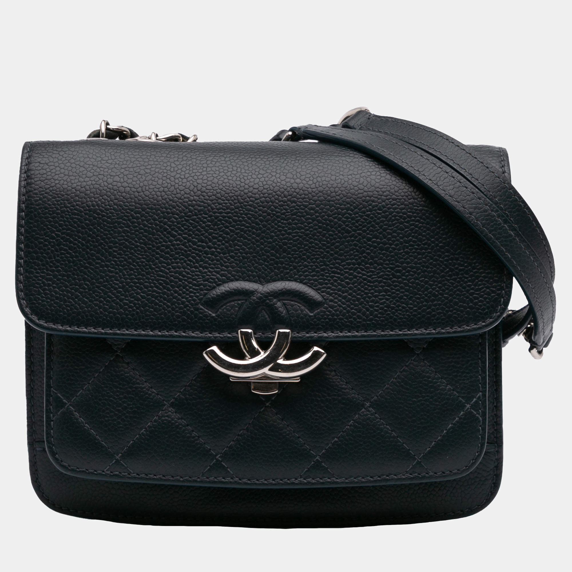 Pre Owned Chanel Blue Quilted Caviar CC Box Mini Flap Bag
