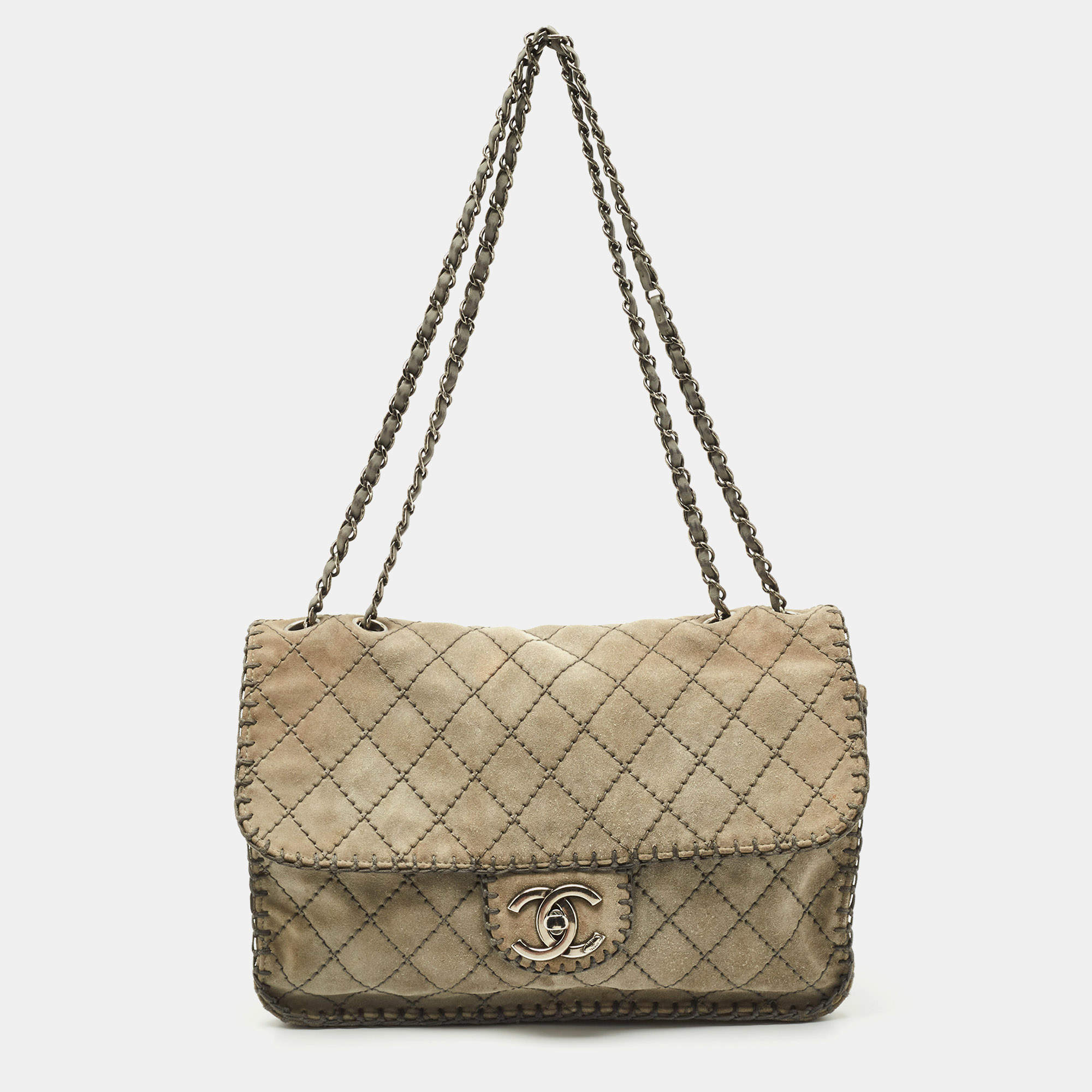 Chanel Grey Quilted Suede Jumbo Whipstitch Classic Single Flap Bag