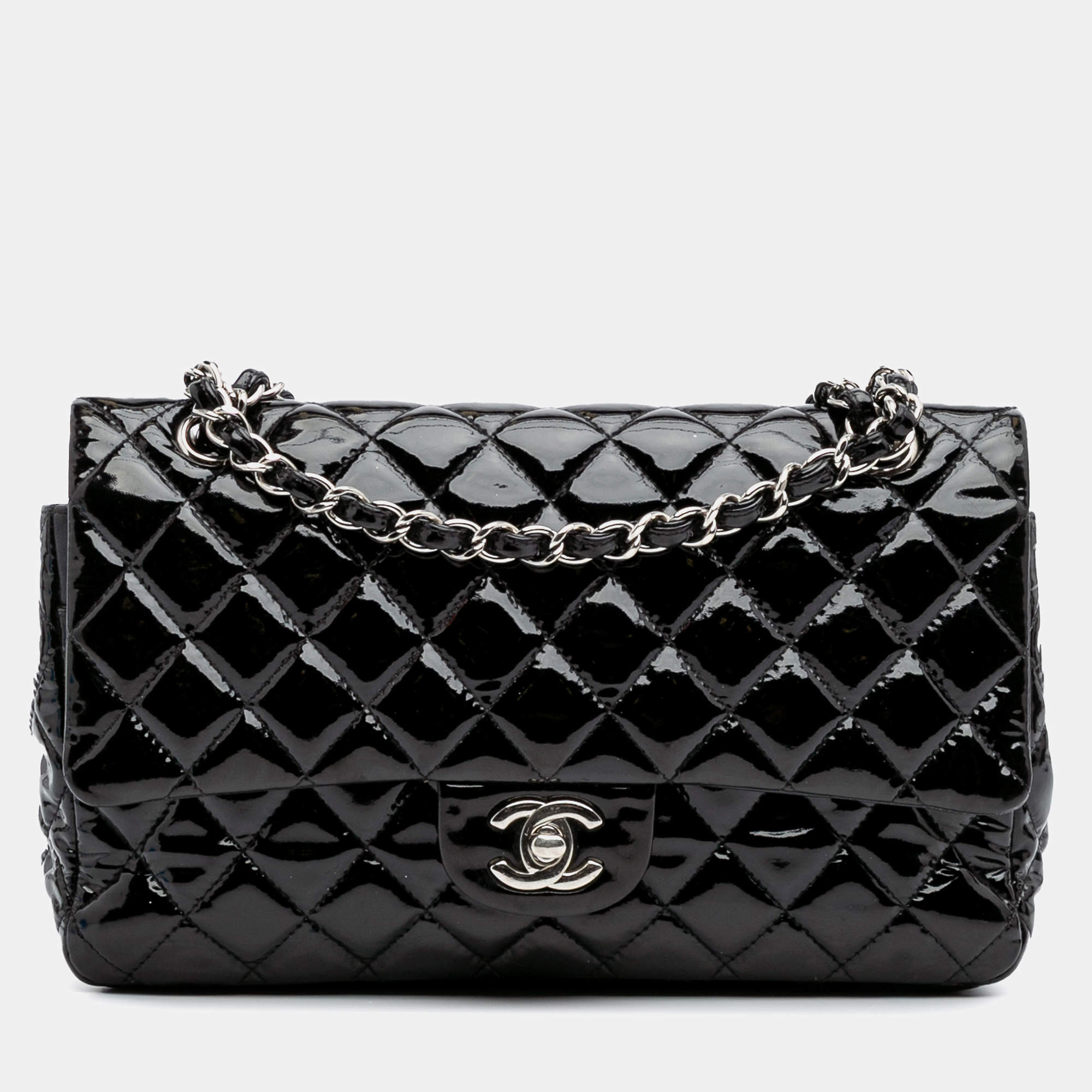 Pre Owned Chanel Black Patent Medium Classic Double Flap