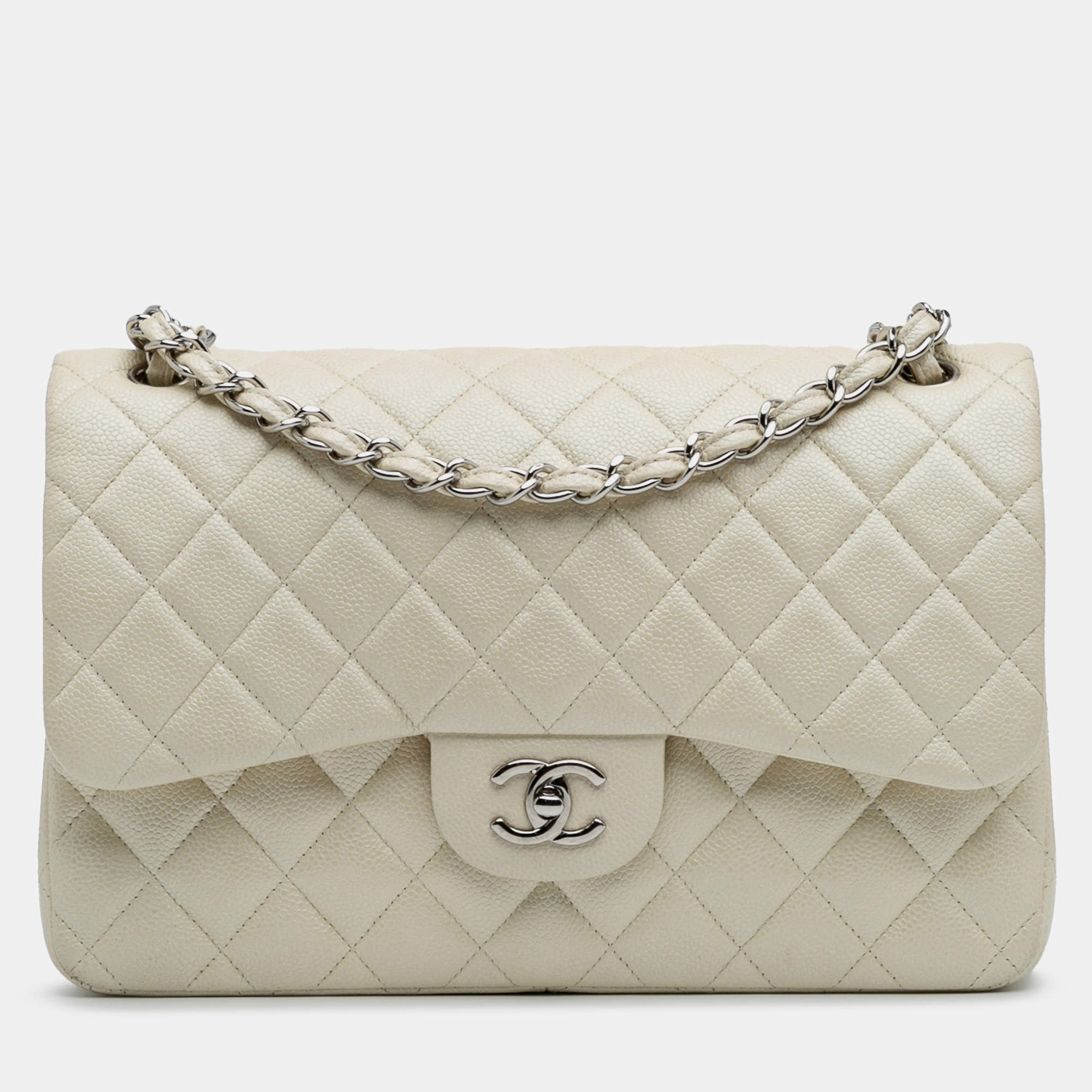 Pre Owned Chanel White Caviar Jumbo Classic Double Flap