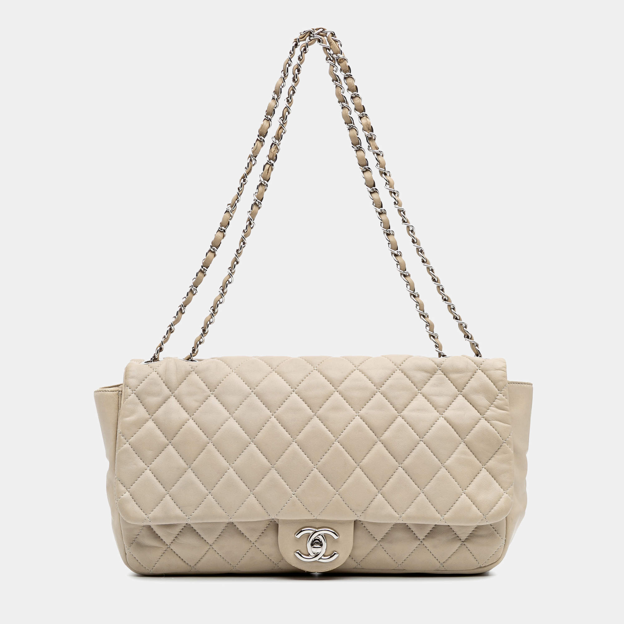 Pre Owned Chanel Beige Lambskin Jumbo Quilted Coco Rain Flap