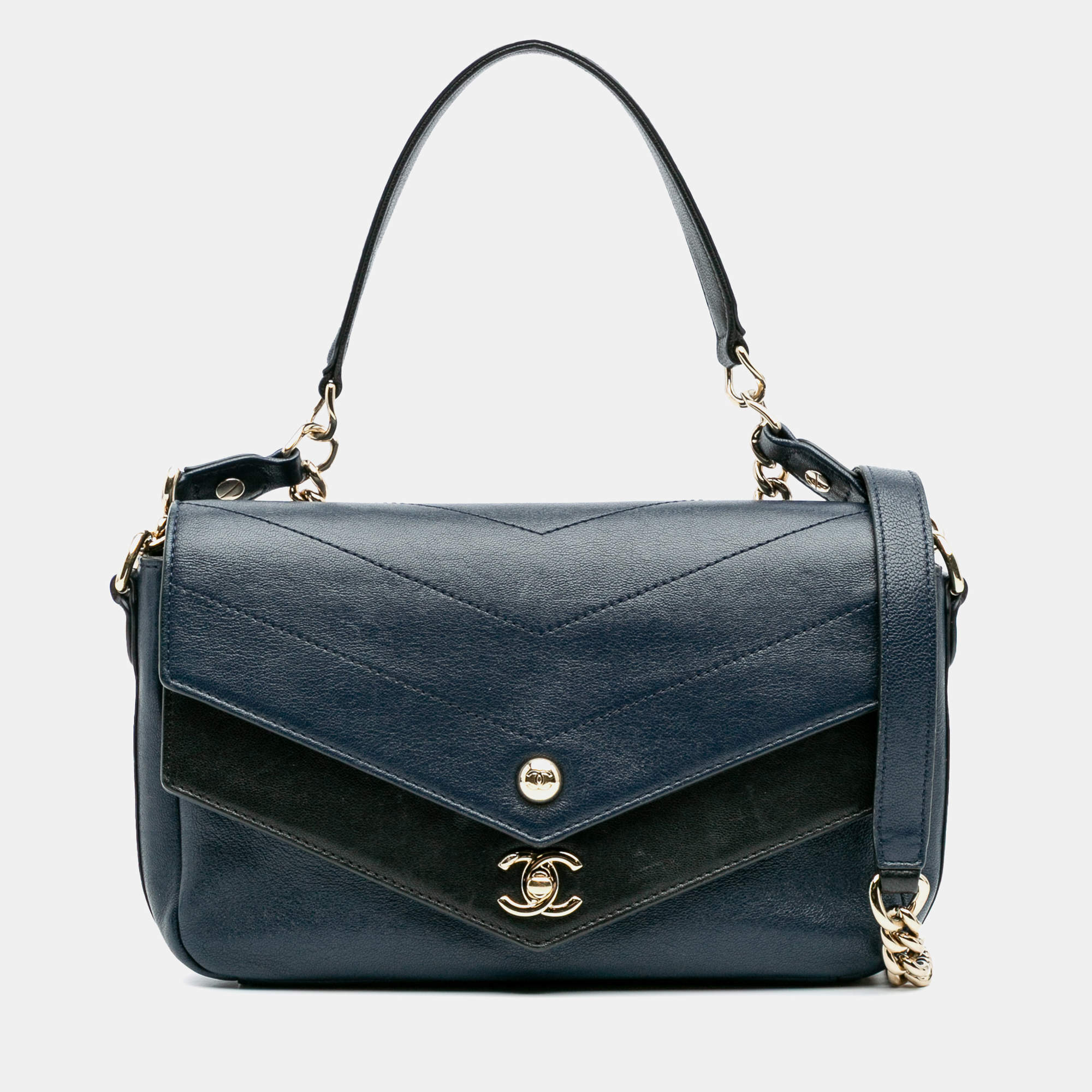 Pre Owned Chanel Navy Blue Quilted Sheepskin Double Chevron Mini Flap Bag