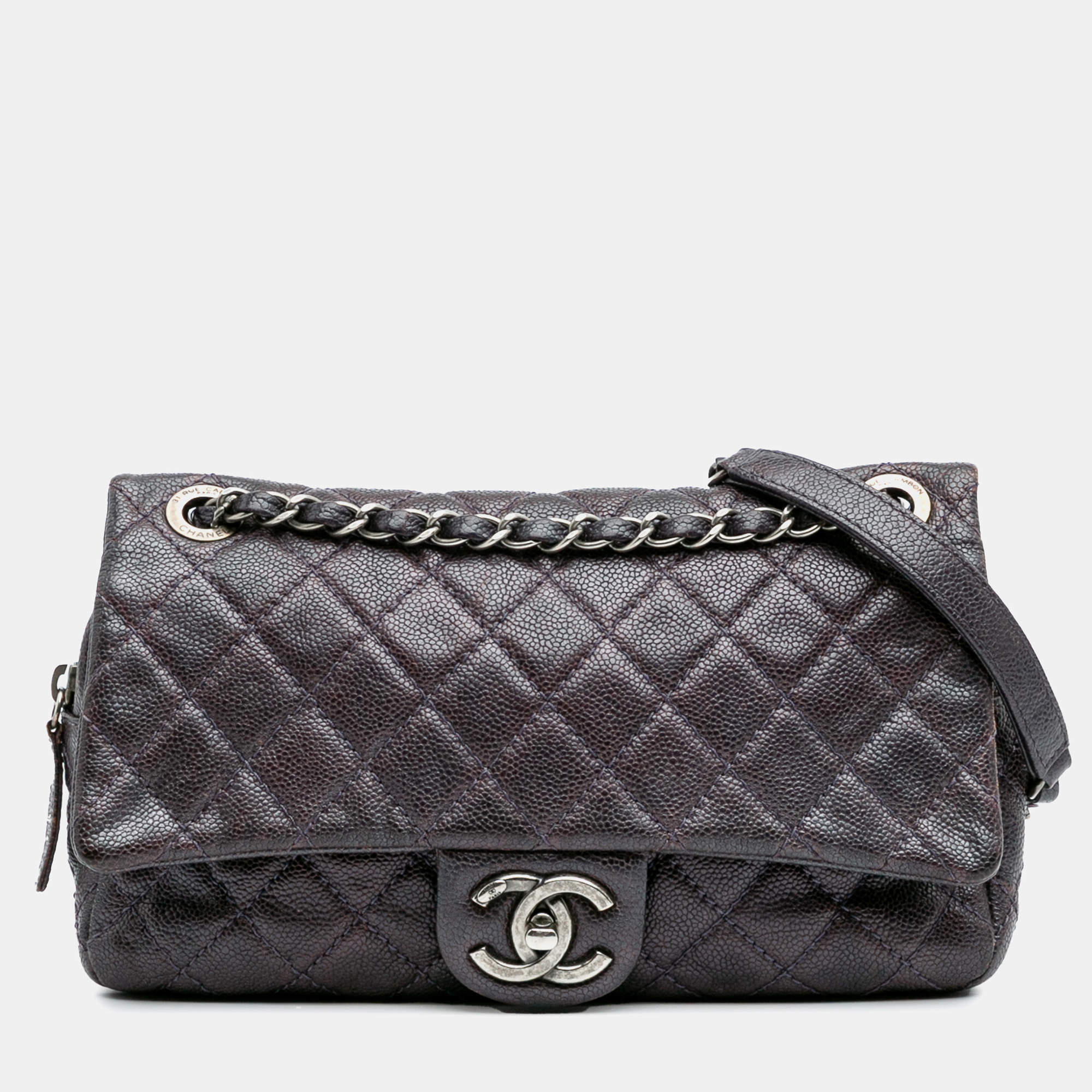 Pre Owned Chanel Purple Medium Quilted Caviar Easy Flap