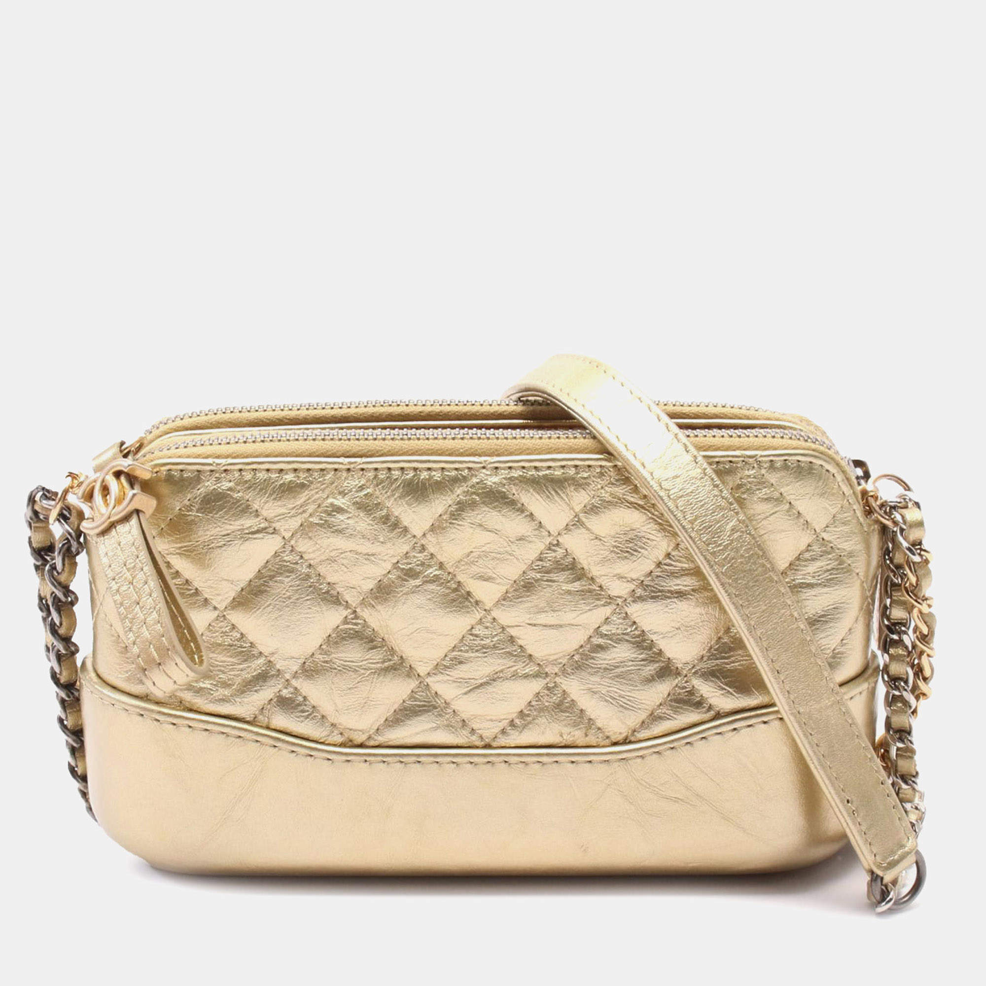 Chanel Gold Quilted Metallic Aged Calfskin Gabrielle Clutch With Chain