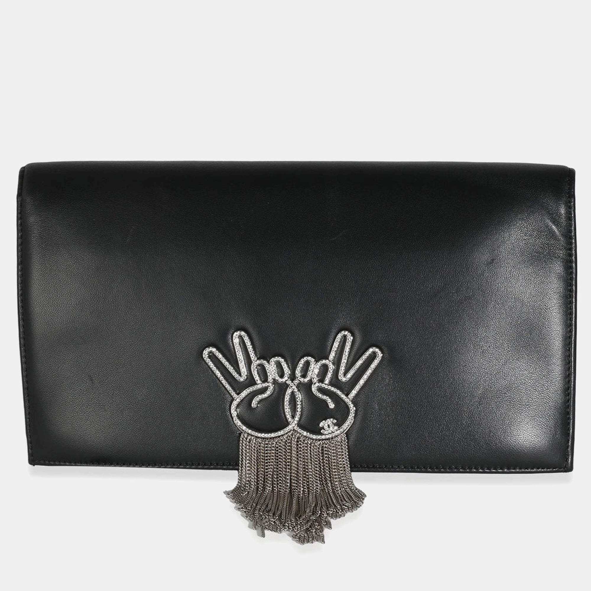 Pre Owned Chanel Black Lambskin Crystal Peace Sign Emoji Fold Over Clutch