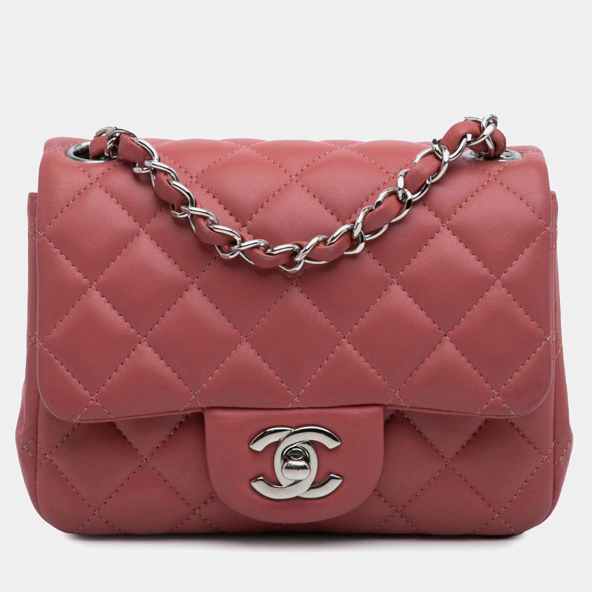 Pre Owned Chanel Pink Lambskin Mini Square Classic Single Flap