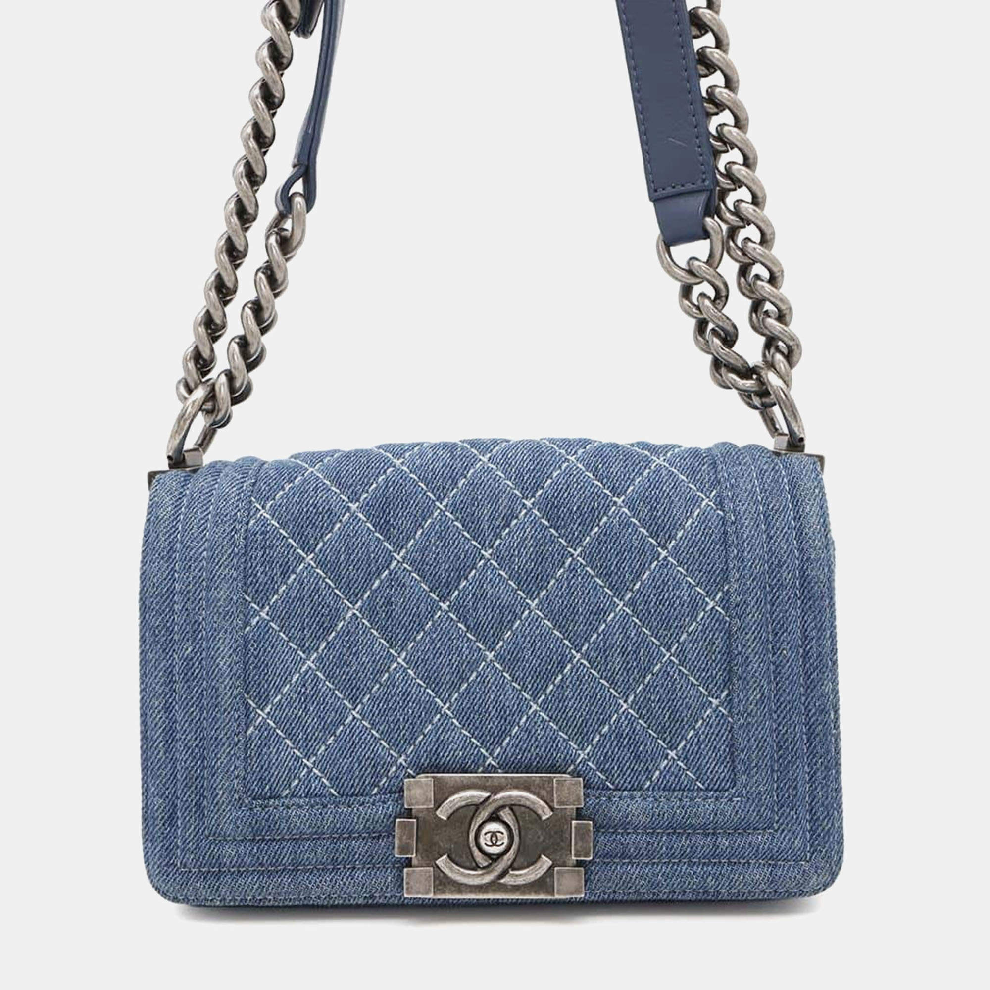 Pre Owned Chanel Blue Denim Boy Chain Mini Shoulder Bag 
