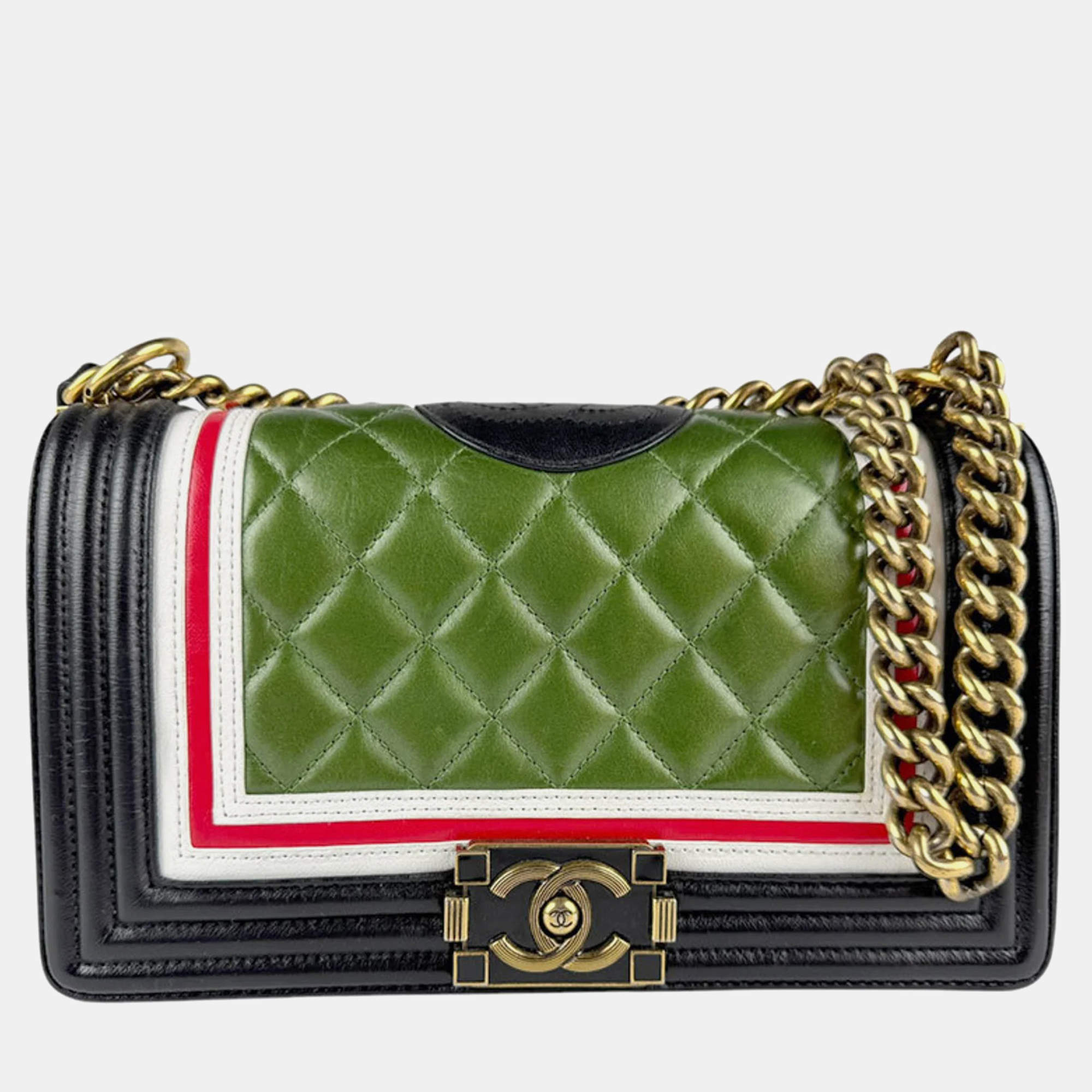 Pre Owned Chanel Green Black Leather Boy Chain Shoulder Bag
