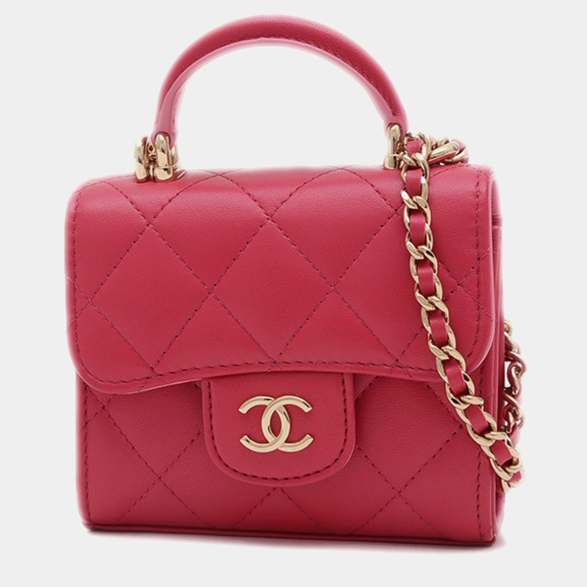 Chanel Pink Lambskin Leather Top Handle Flap Chain Clutch Bag