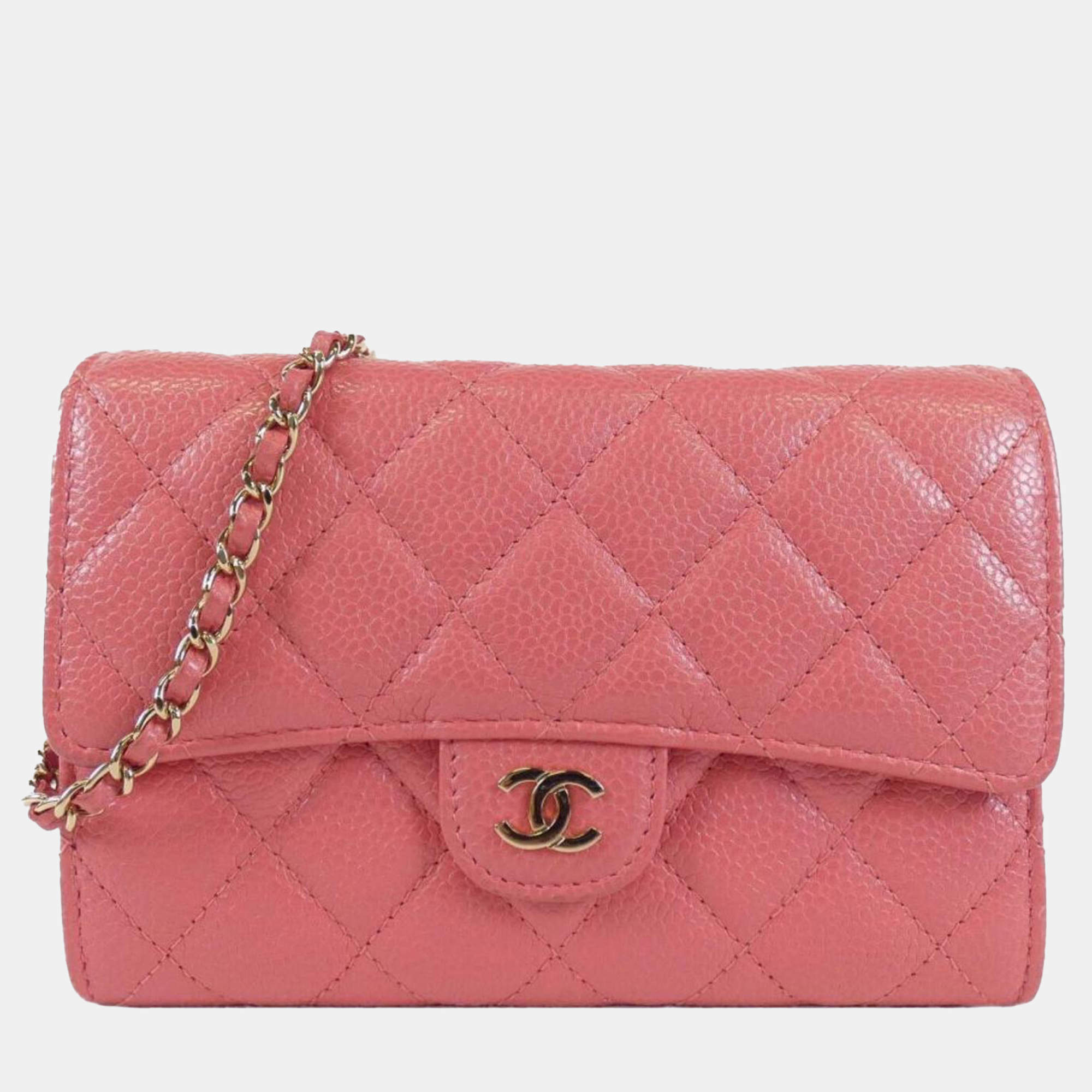  Chanel Pink Leather Timeless Classic Line Chain Wallet