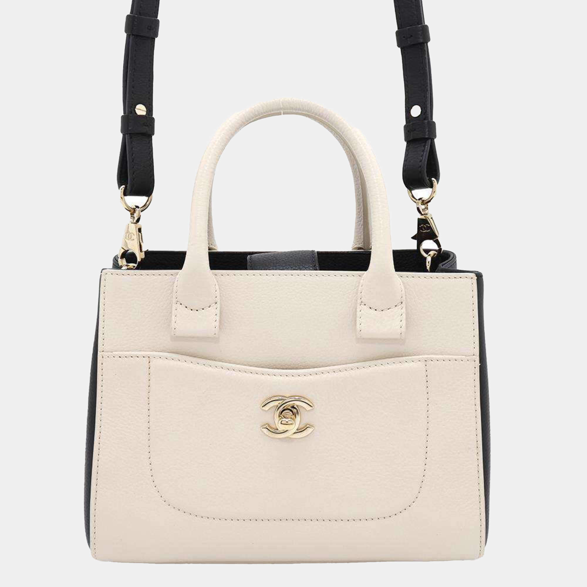 Chanel Beige Black Grained Calfskin Small Bi-Color Neo Executive Shopper Tote Bag