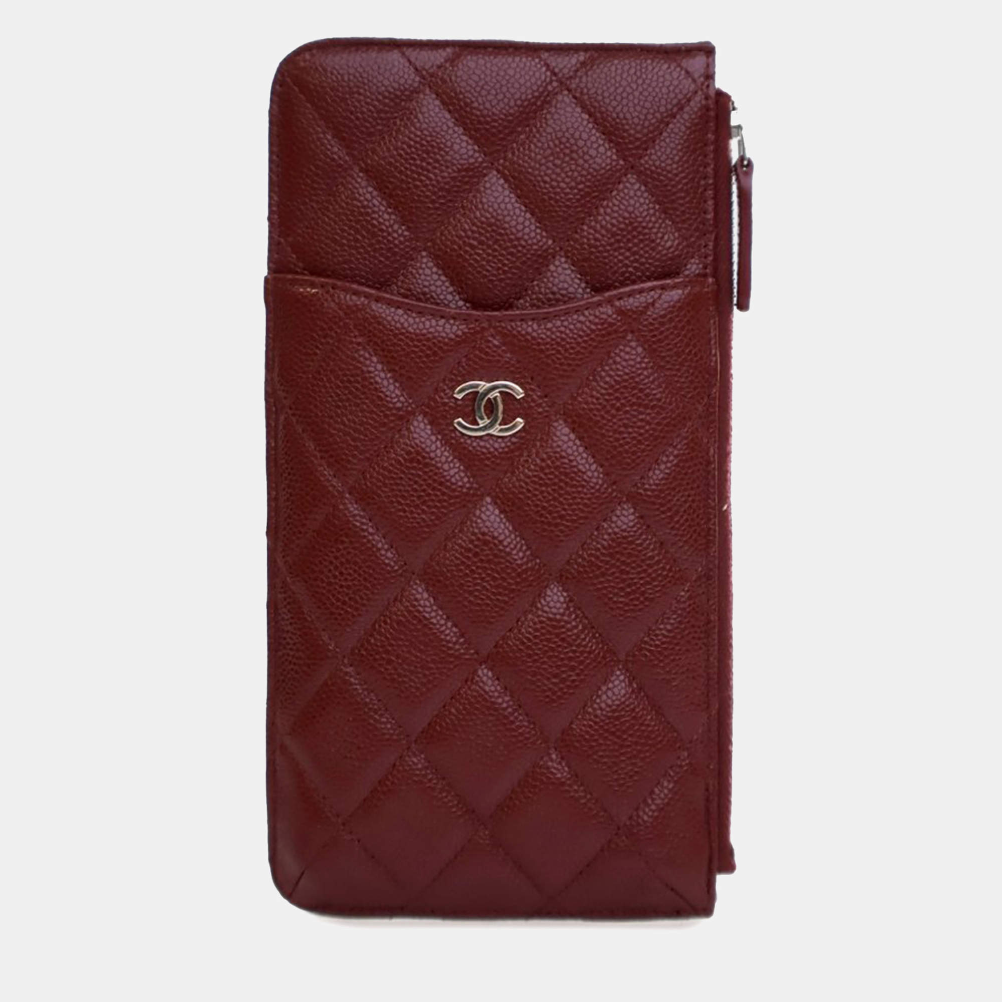 Chanel Red Caviar CC Quilted  Flat Phone Case Wallet Pouch