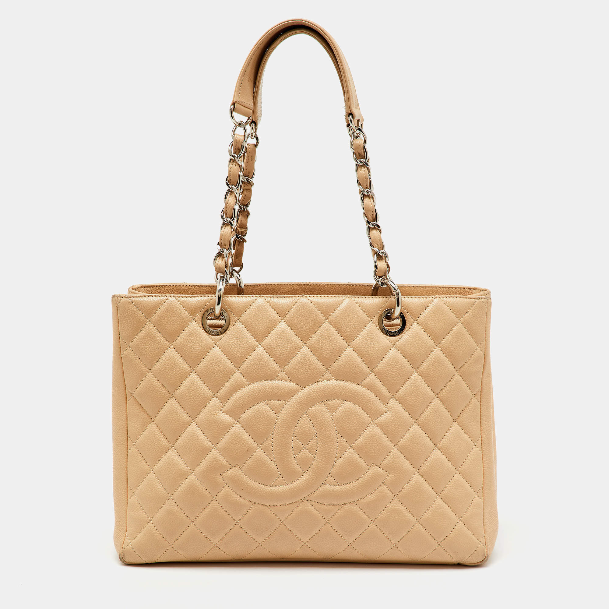 Pre Owned Chanel Beige Quilted Caviar Leather GST Shopper Tote