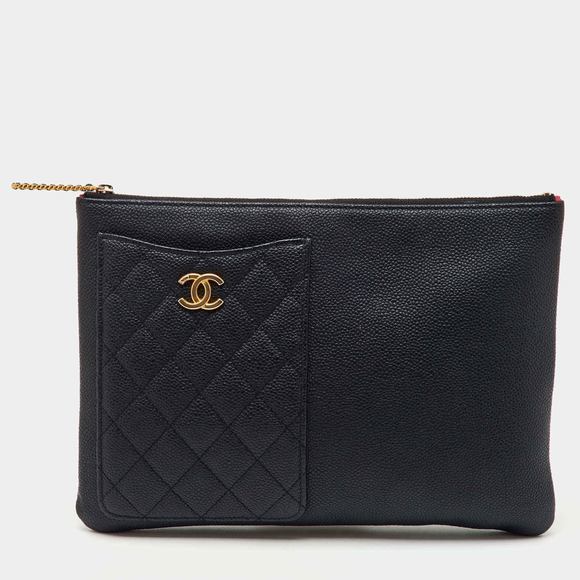 Pre Owned Chanel Black Quilted Caviar Leather Phone Pocket O Case Clutch