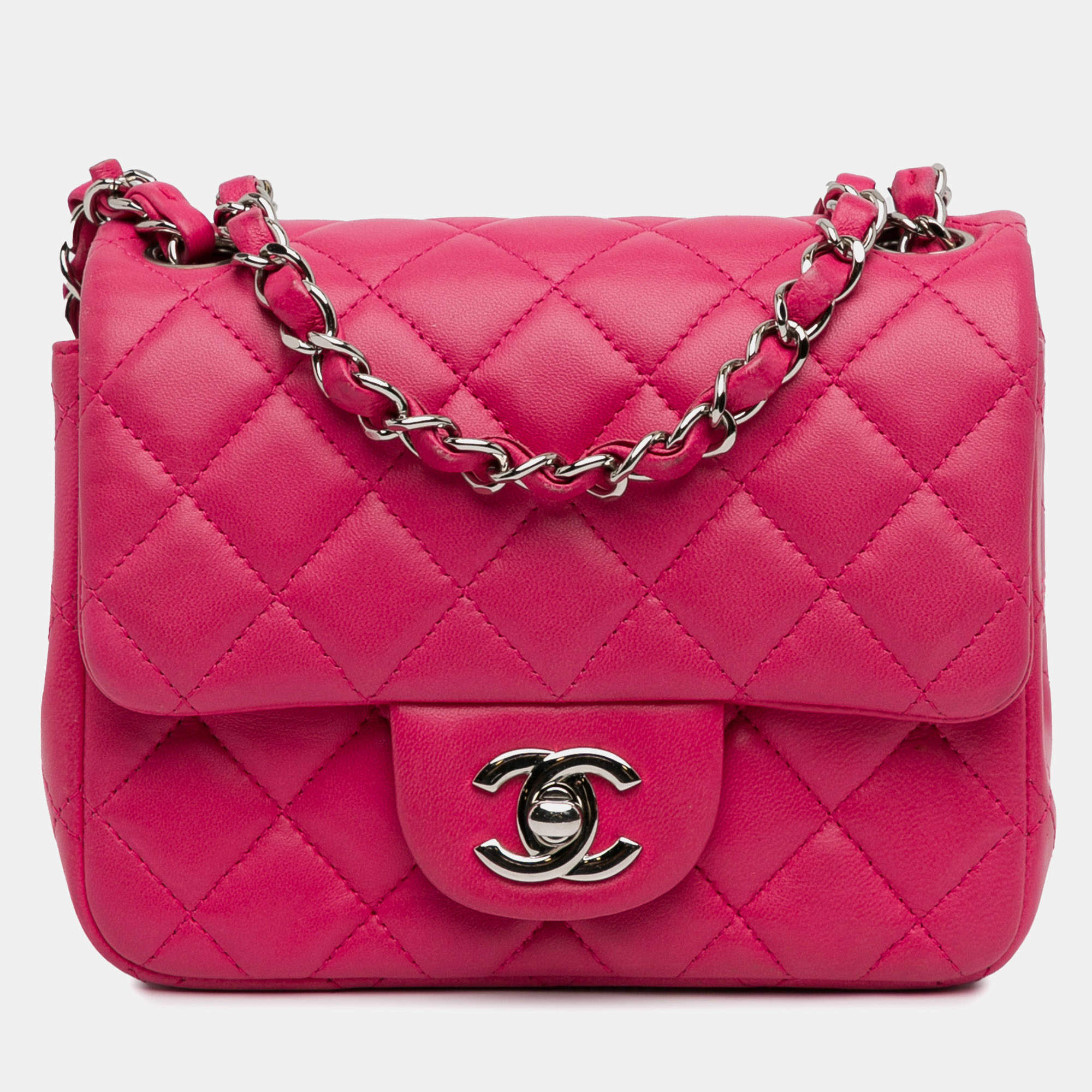 Pre Owned Chanel Pink Mini Square Classic Lambskin Single Flap