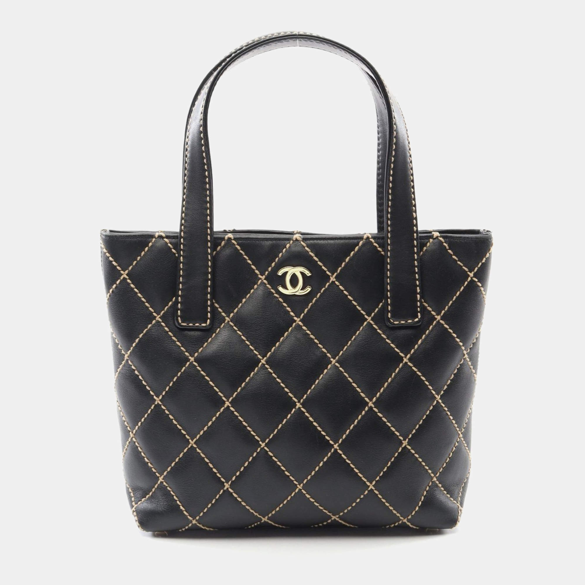 Chanel Black Leather Wild Stitch Tote Hand Bag 