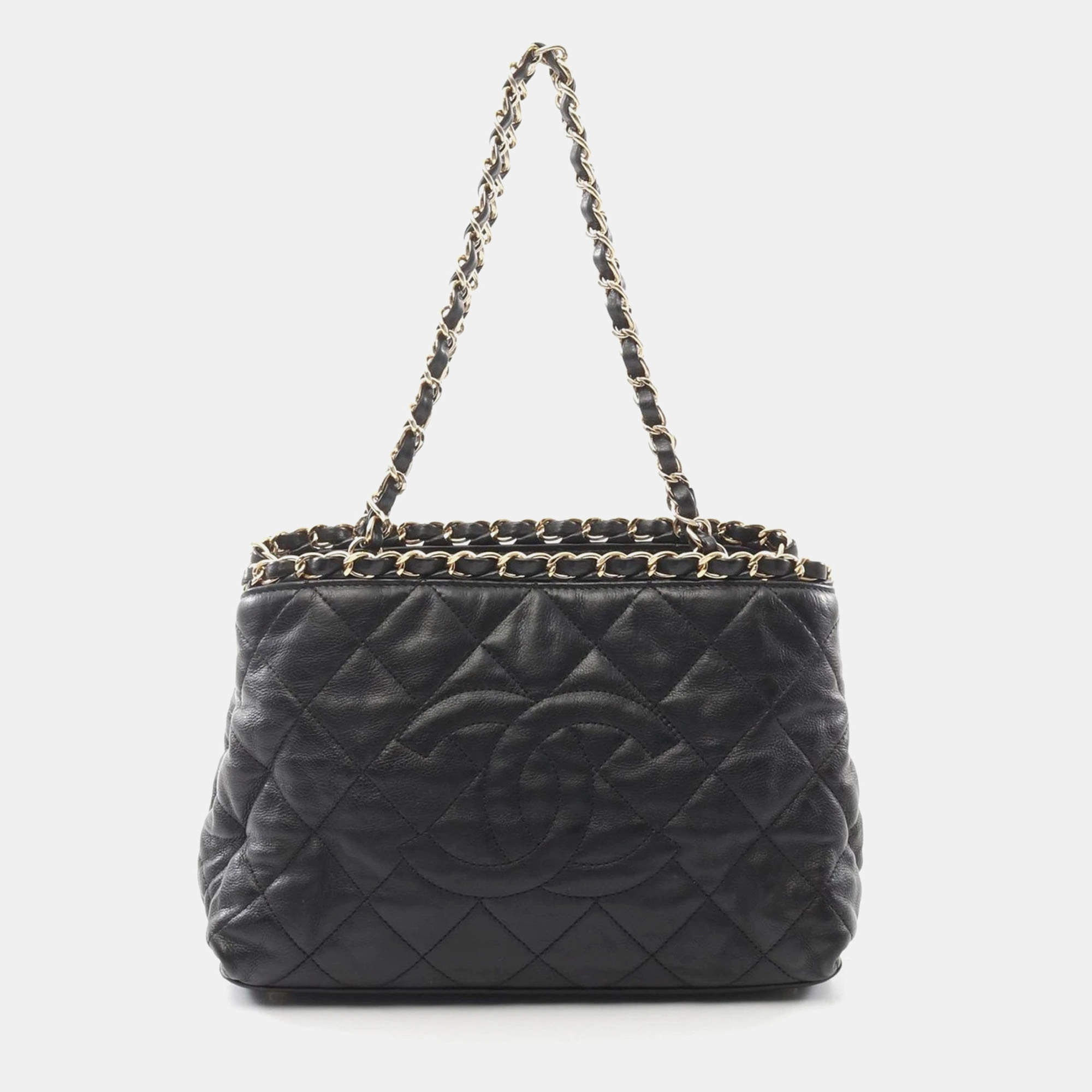 Chanel Black Quilted Glazed Leather Small Chain Me Tote Bag