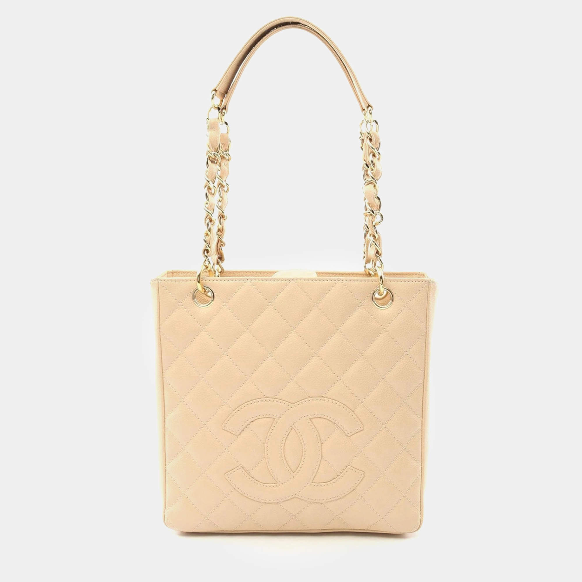 Chanel Beige Grained Calfskin Matelasse Pst Chain Tote Bag 