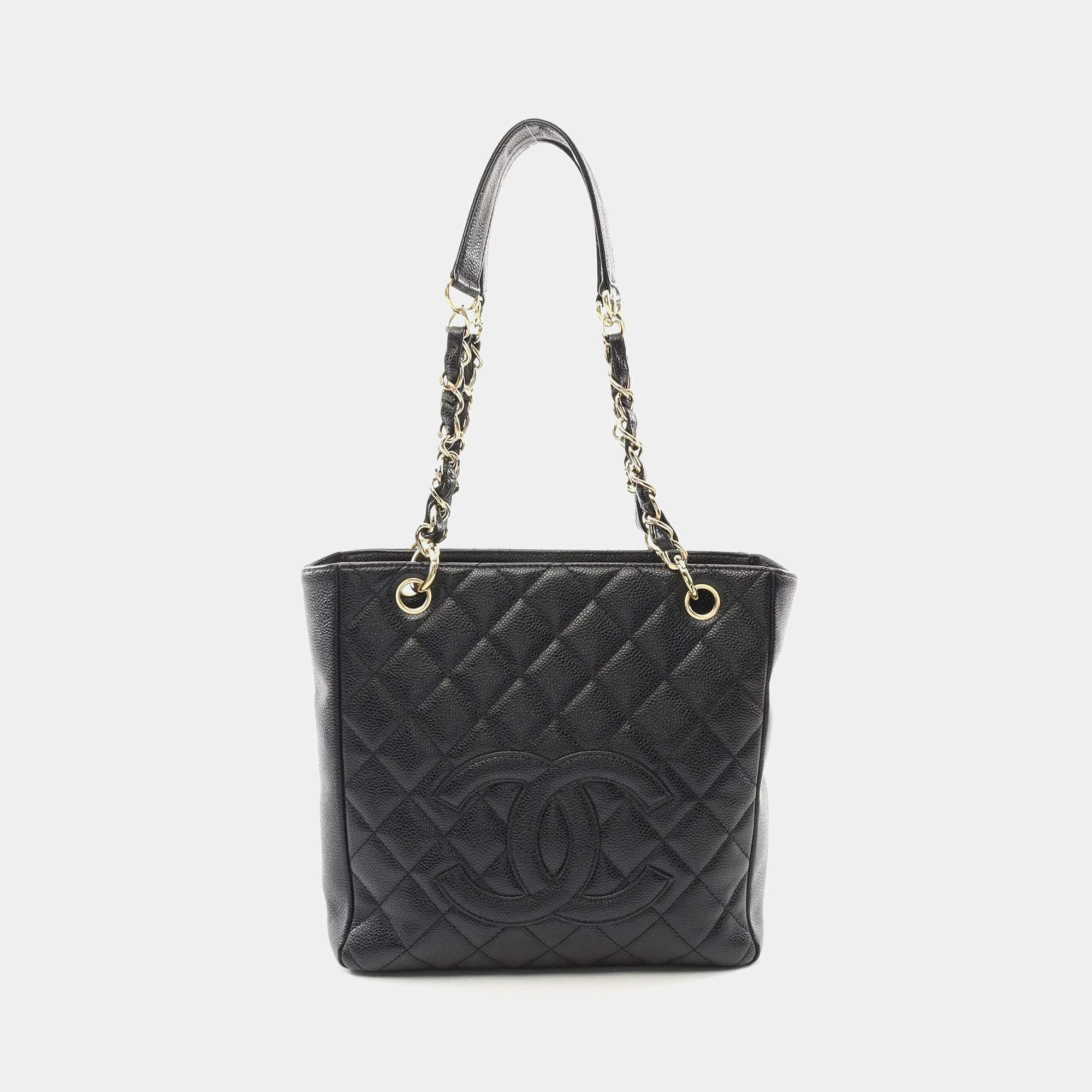 Chanel Black Leather Matelasse Pst Tote Chain Shoulder Bag 
