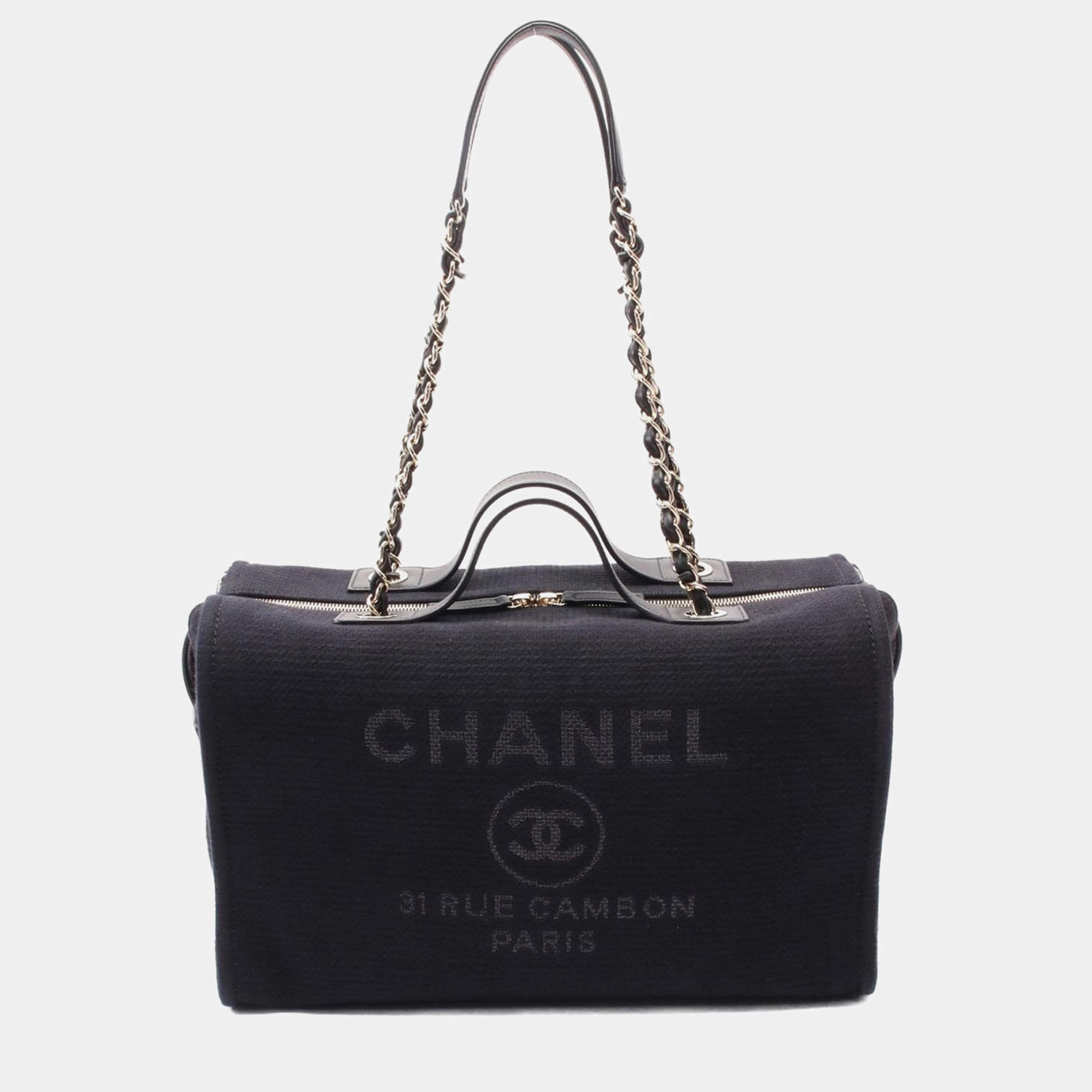 Pre Owned Chanel Navy Blue Canvas Leather Deauville Chain Shoulder Bag 