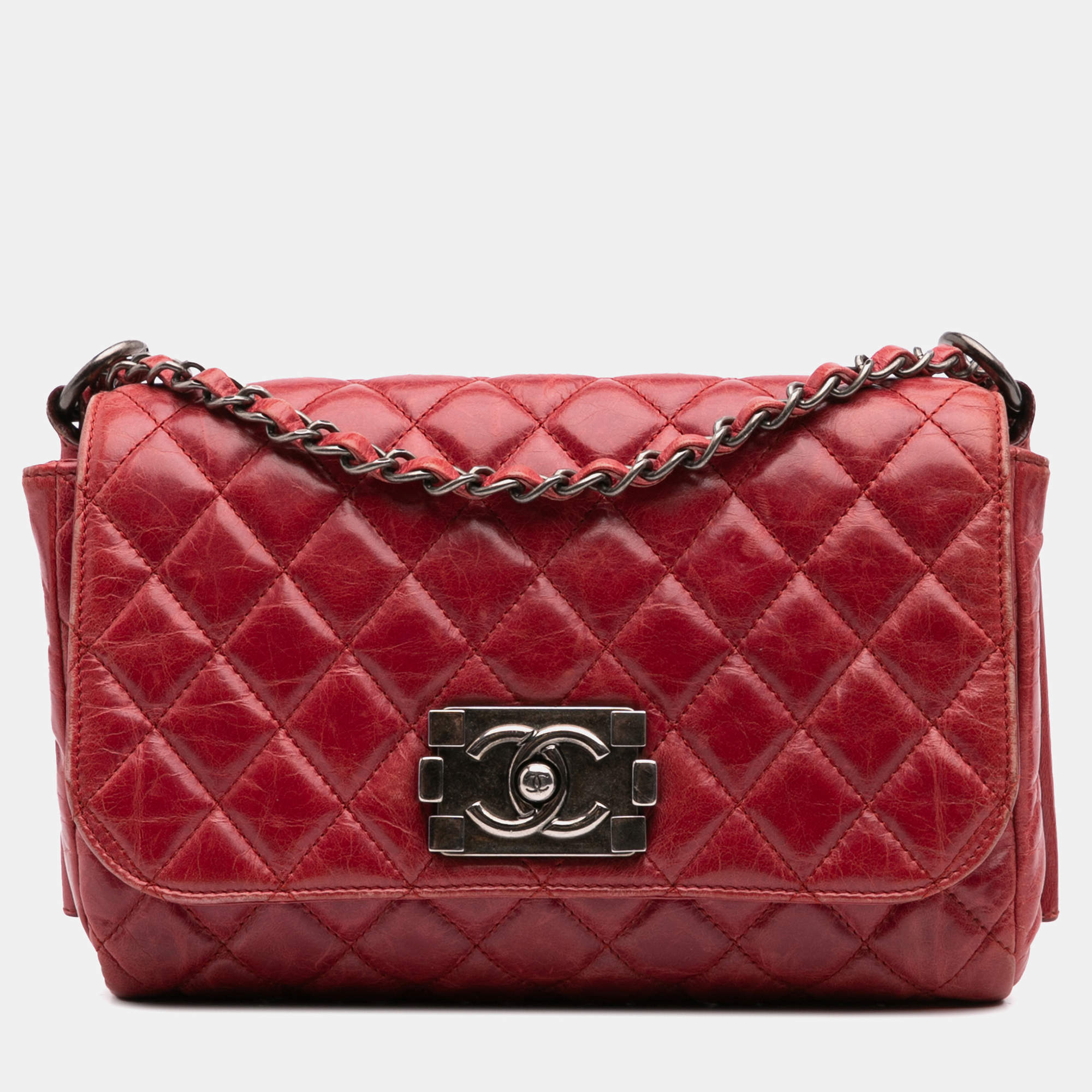 Pre Owned Chanel Red Calfskin  Quilted Glazed Soft Boy Flap Bag