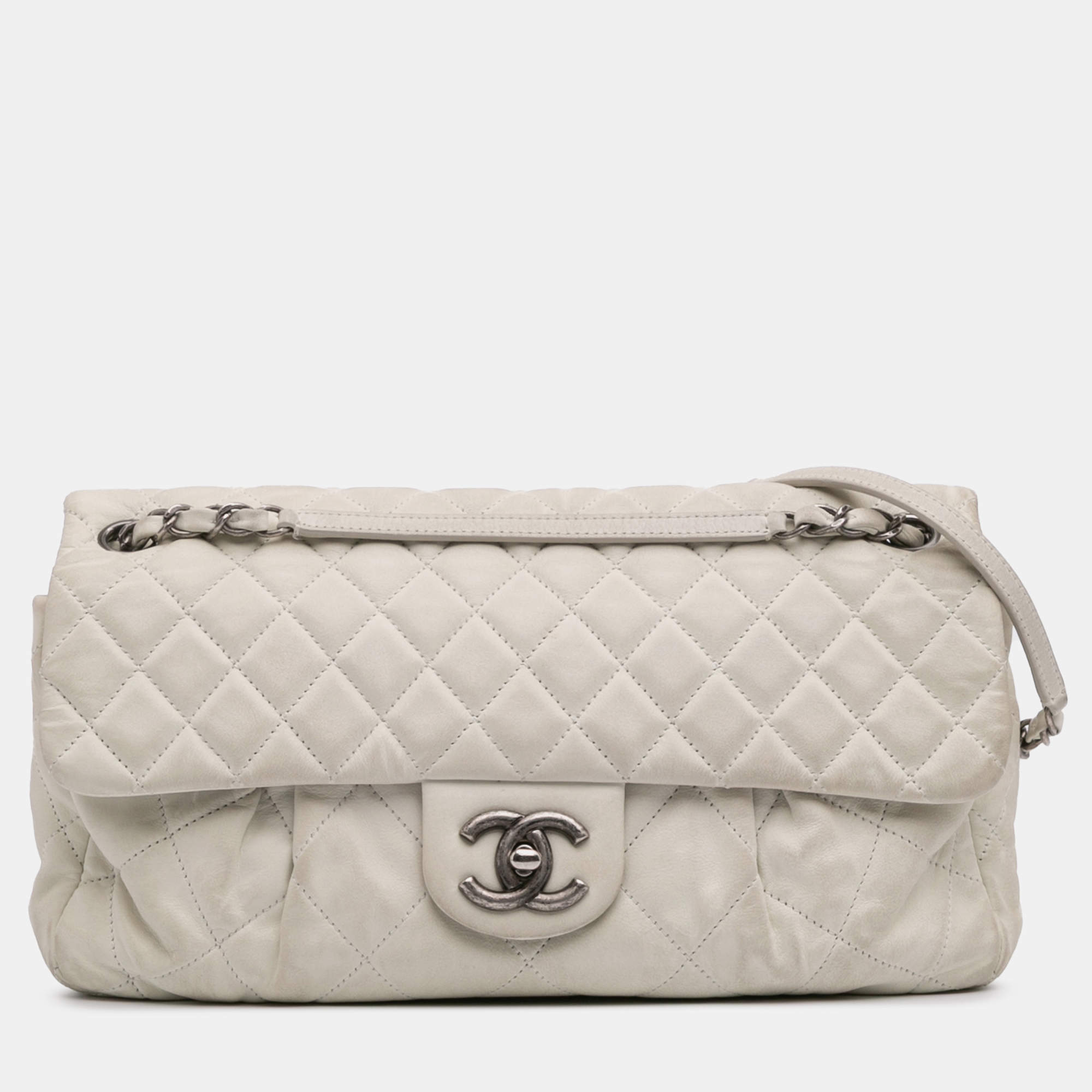 Pre Owned Chanel White Iridescent Calfskin Chic Quilt Large Flap Bag
