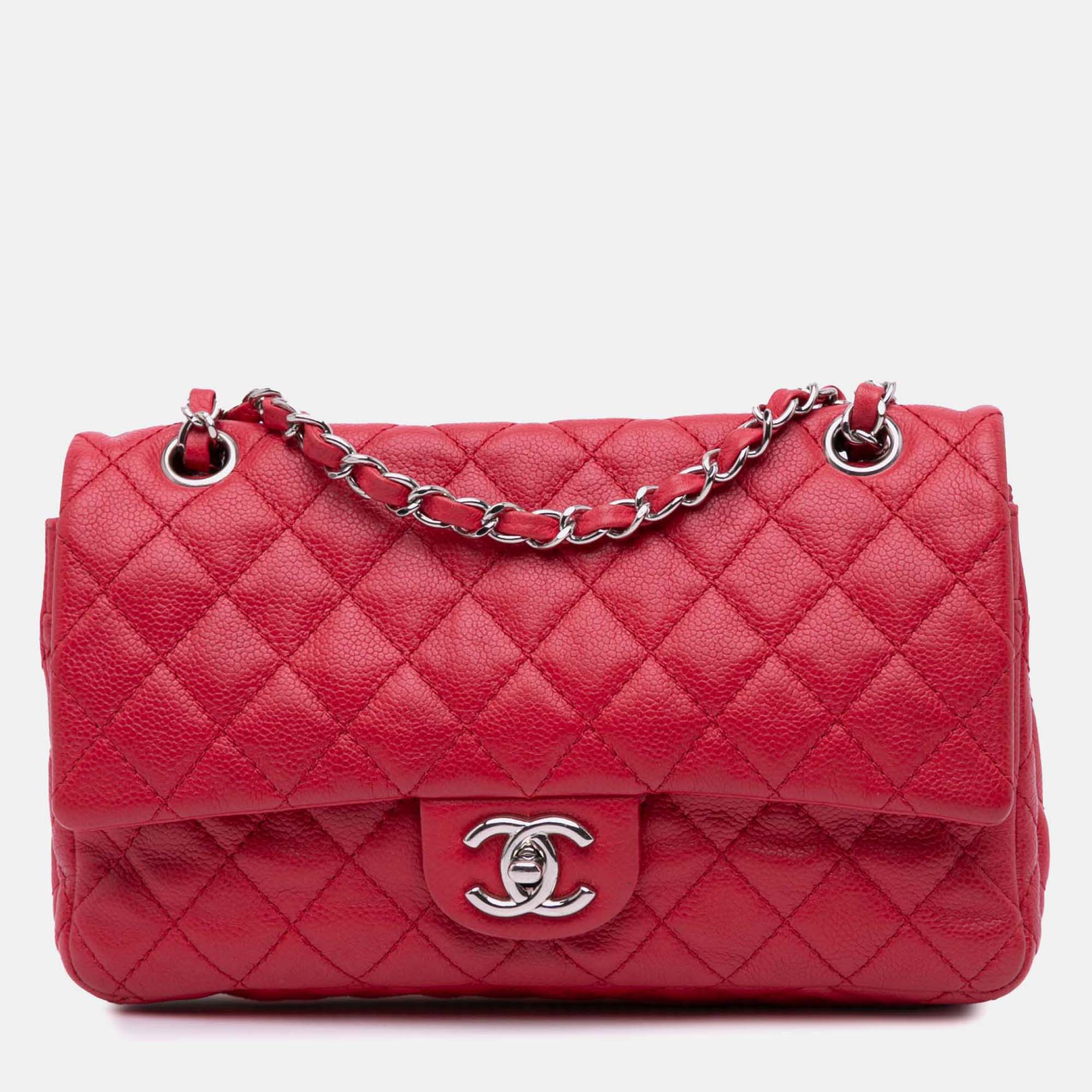Pre Owned Chanel Red Classic Caviar Double Medium Flap Bag