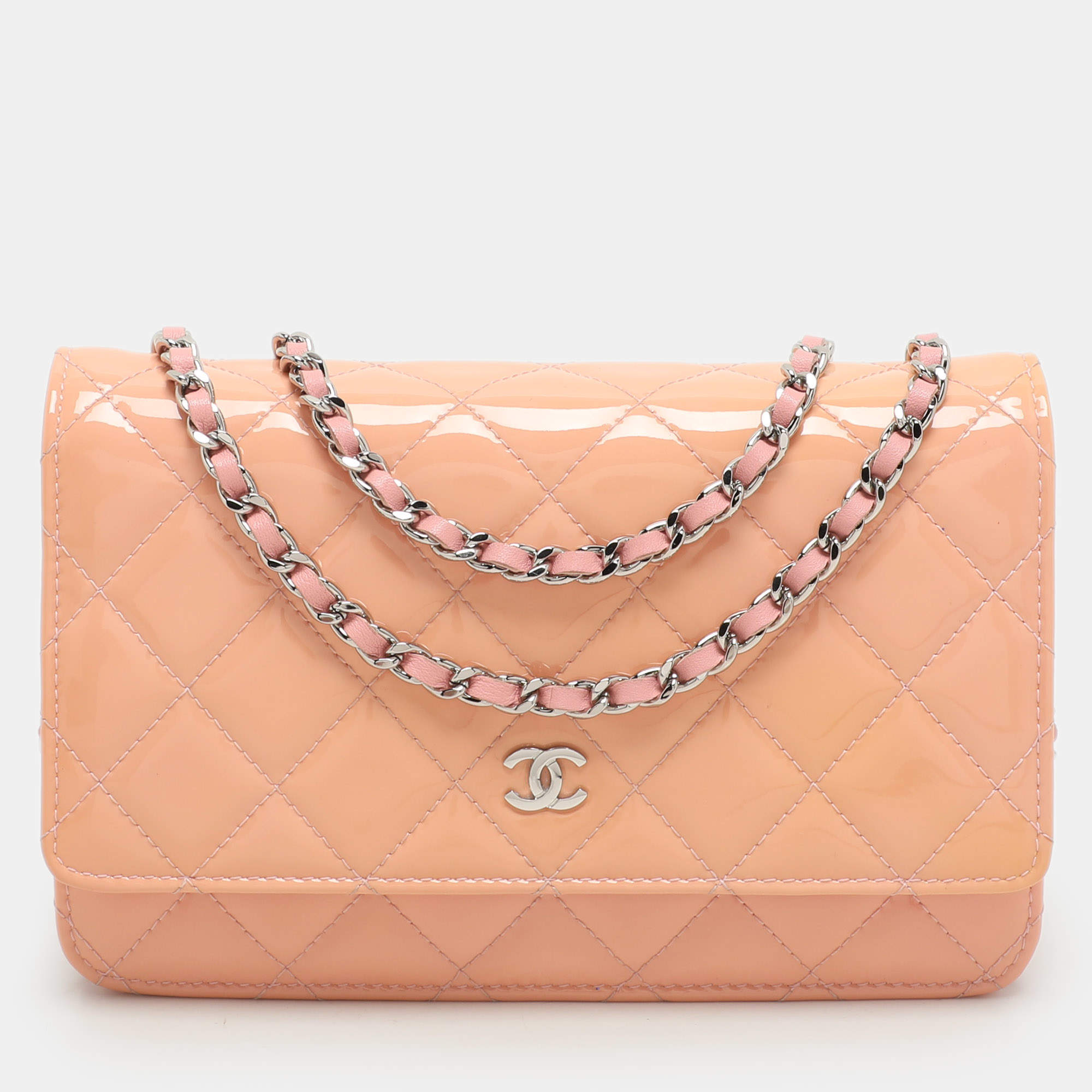 Chanel Pink Quilted Patent Leather CC Wallet On Chain