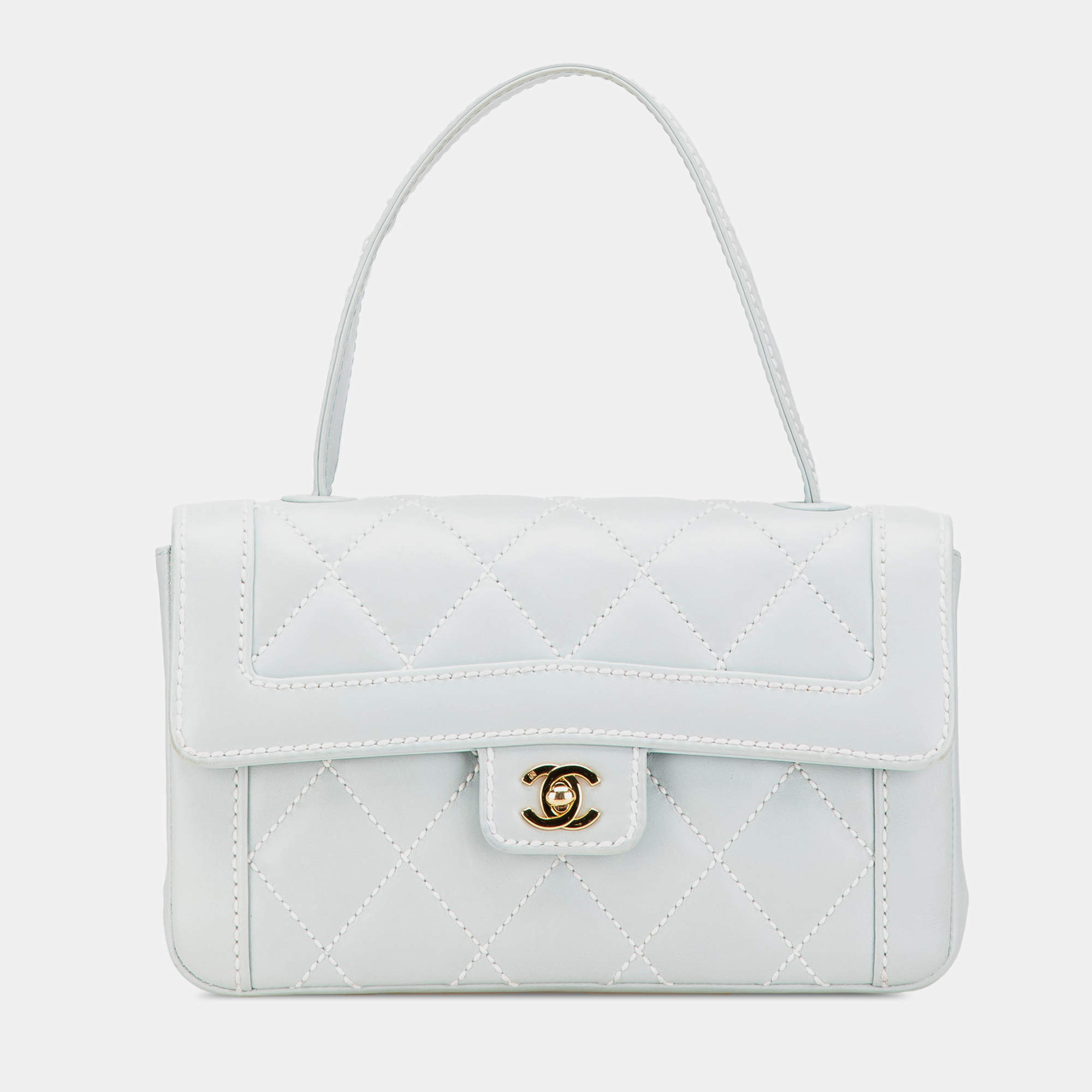 Chanel Blue Quilted Lambskin Wild Stitch Top Handle Bag
