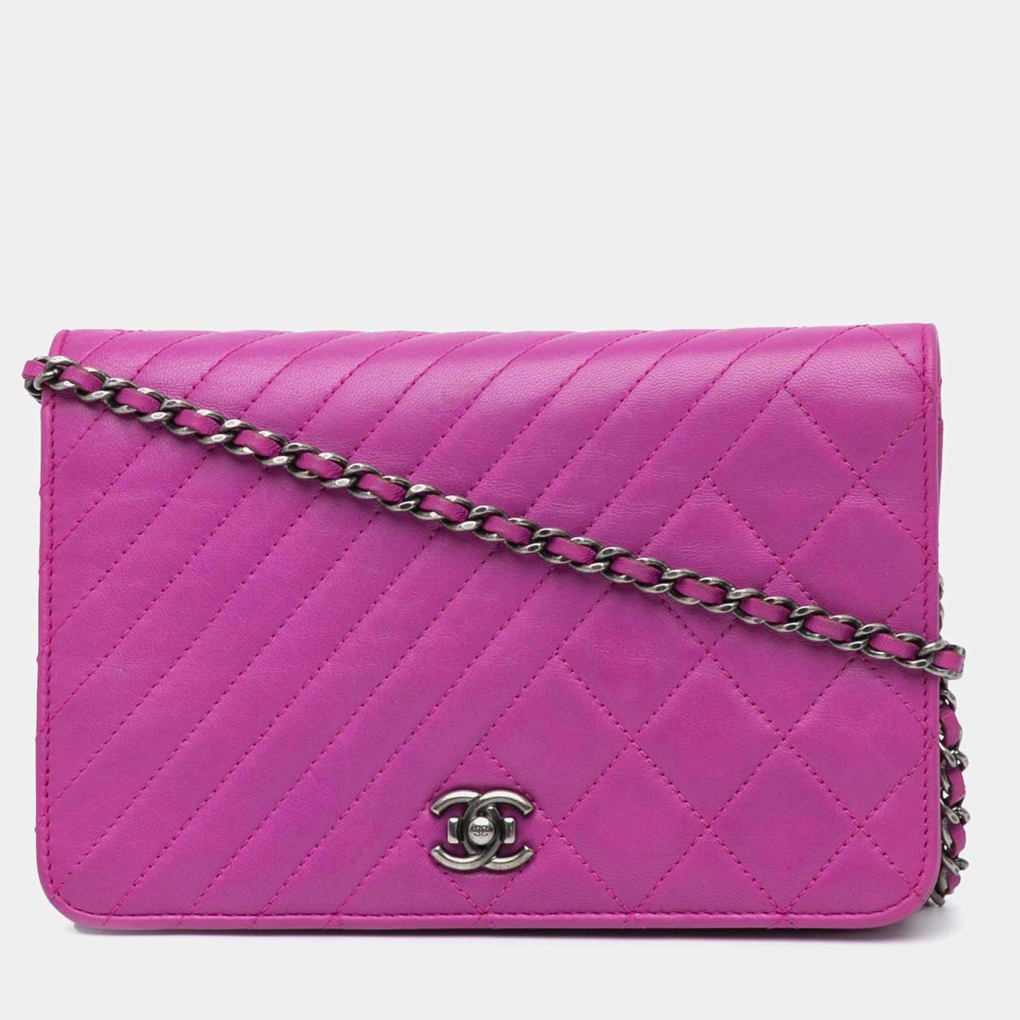 Chanel Purple Lambskin Coco Boy Wallet On Chain