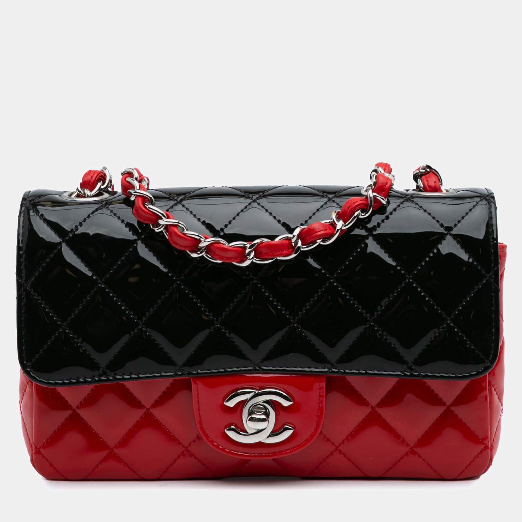 Chanel Black Red Mini Rectangular Classic Bicolor Patent Single Flap Bag