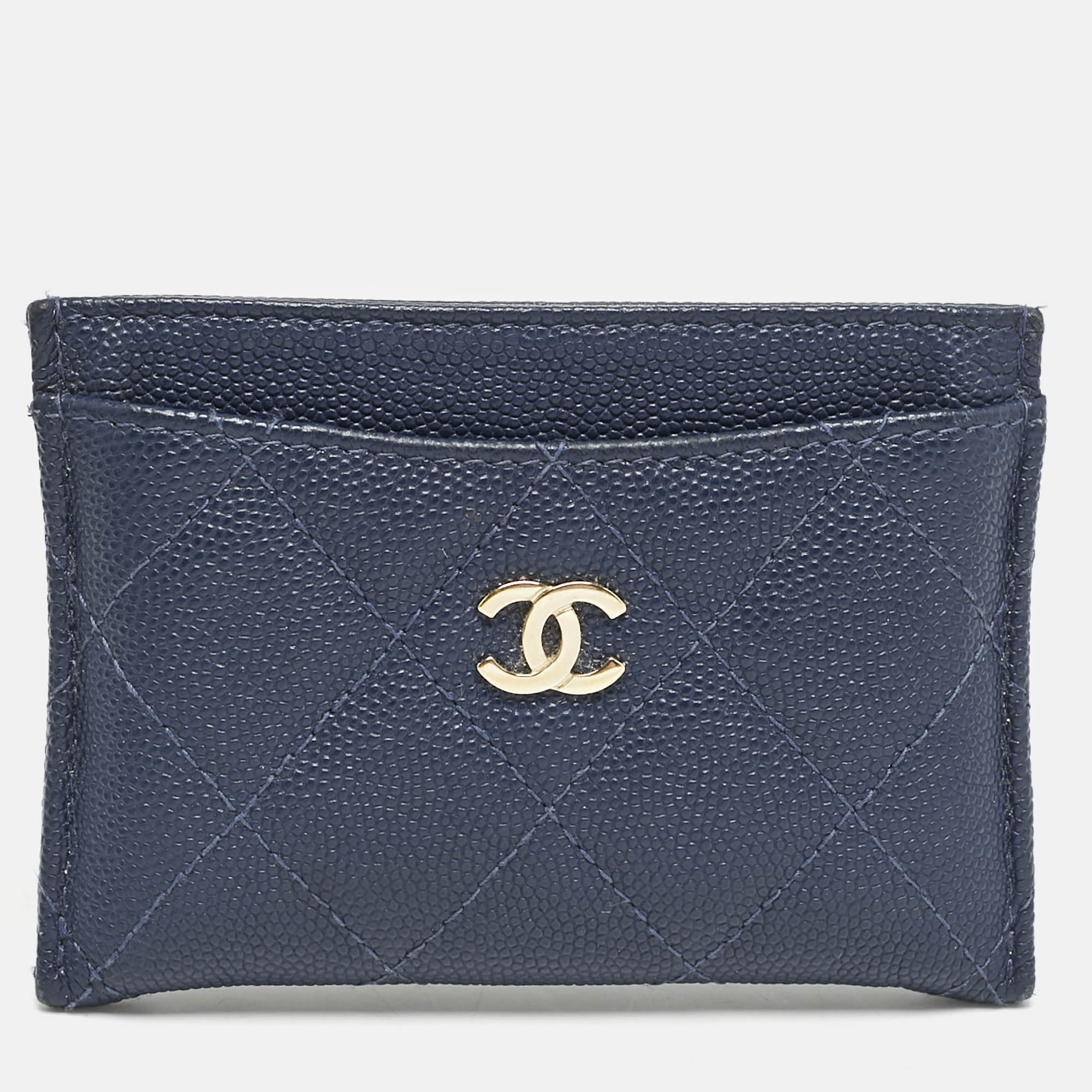 Pre Owned Chanel Blue Quilted Caviar Leather CC Card Holder