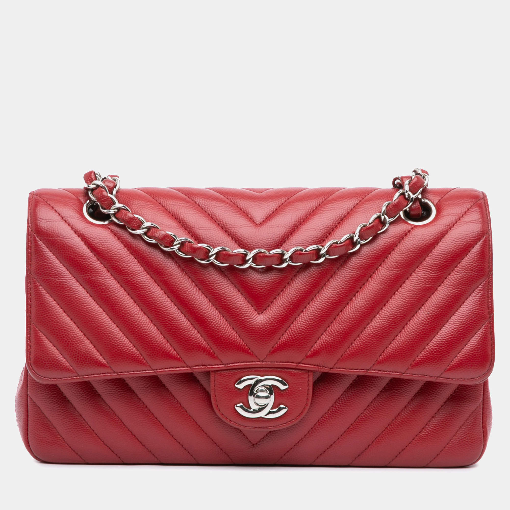 Chanel Red Classic Chevron Caviar Medium  Double Flap Bag