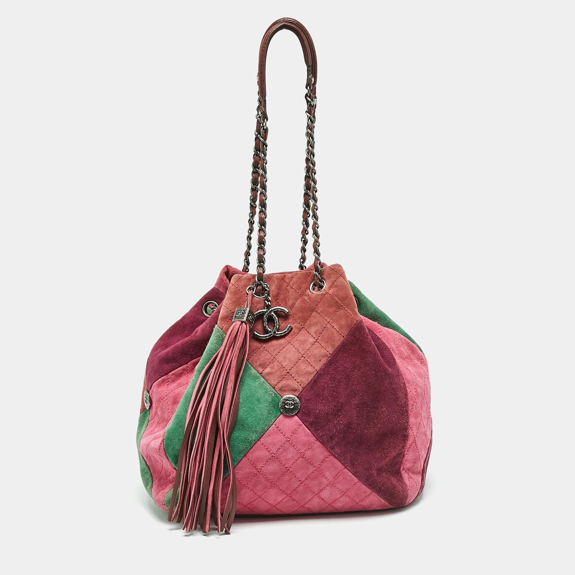 Chanel Multicolor Quilted Suede Patchwork Drawstring Bucket Bag