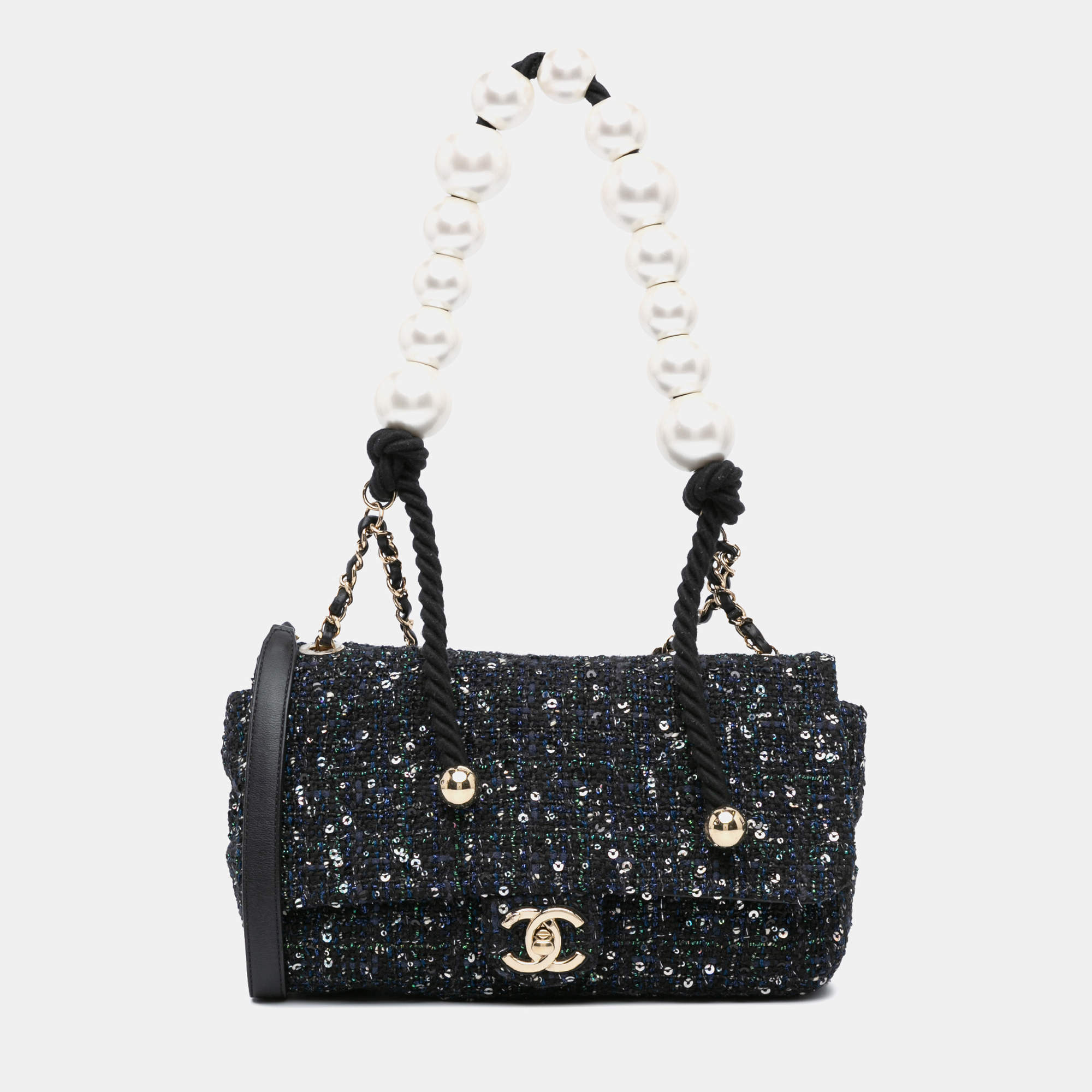 Pre Owned Chanel Navy Blue Medium Tweed Pearl Handle Flap