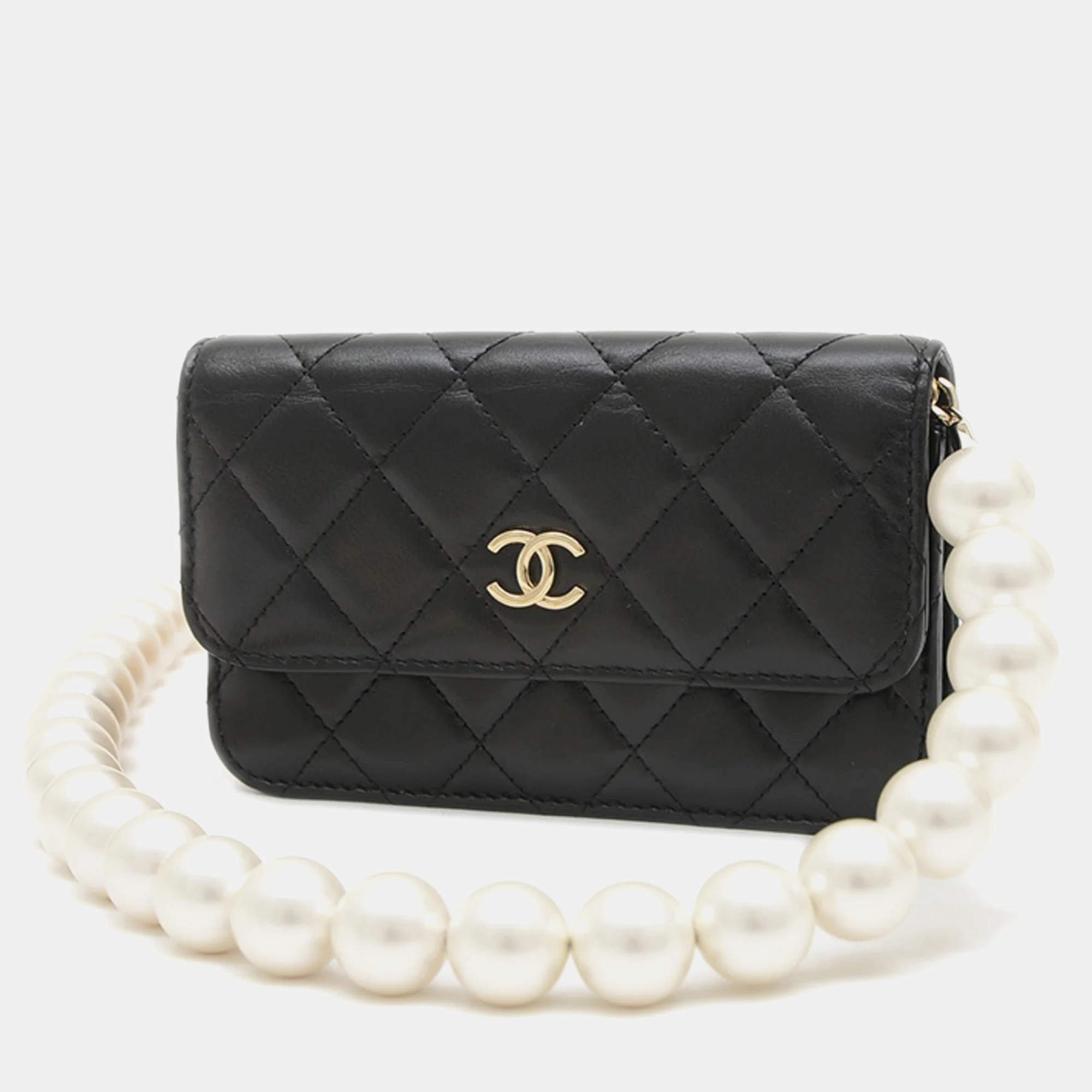 Chanel Black Leather Pearl Chain Wallet