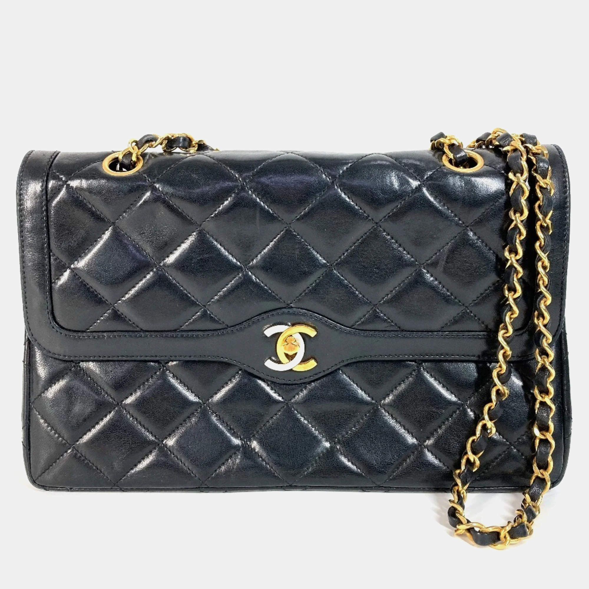 Pre Owned Chanel Black Lambskin Quilted Paris Flap Shoulder Bag