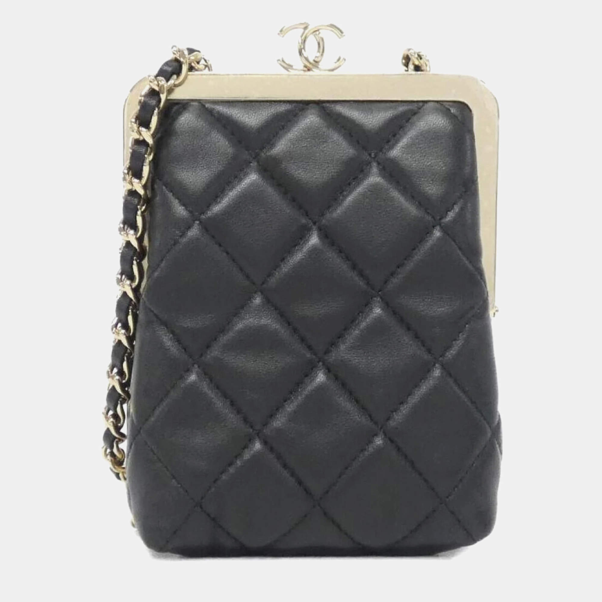 Chanel Black Lambskin Plexi Quilted CC Evening Clutch With Chain 