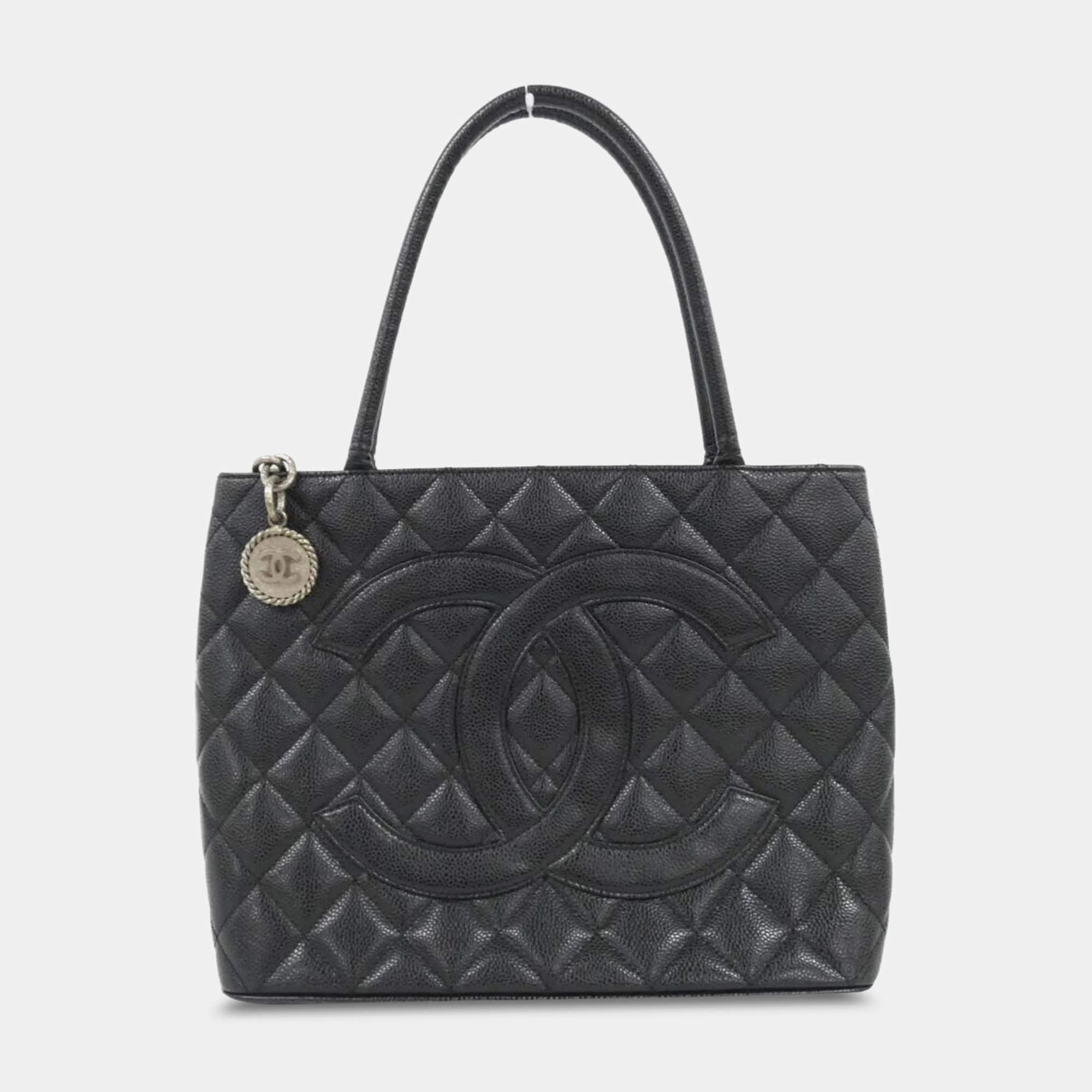 Chanel Black Caviar Leather Medallion Tote Bag 