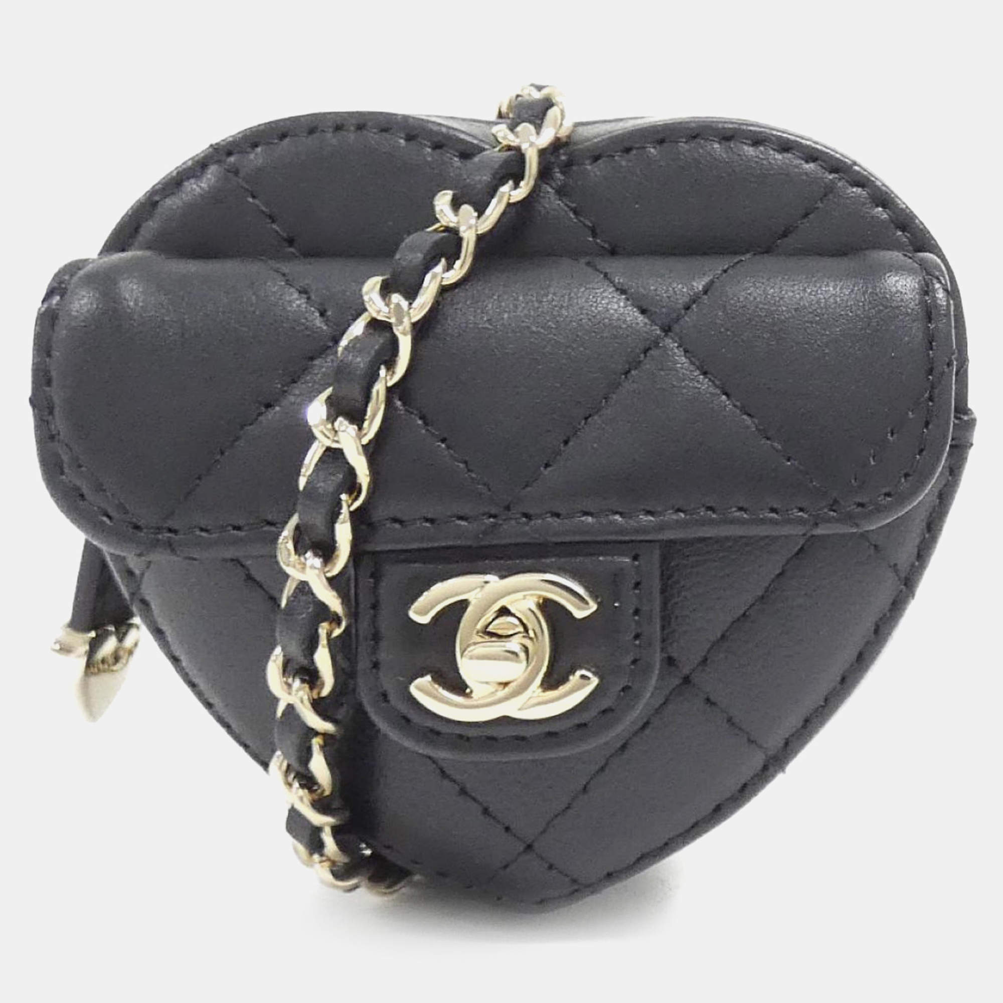 Chanel Black Lambskin Quilted CC In Love Heart Coin Purse With Chain 