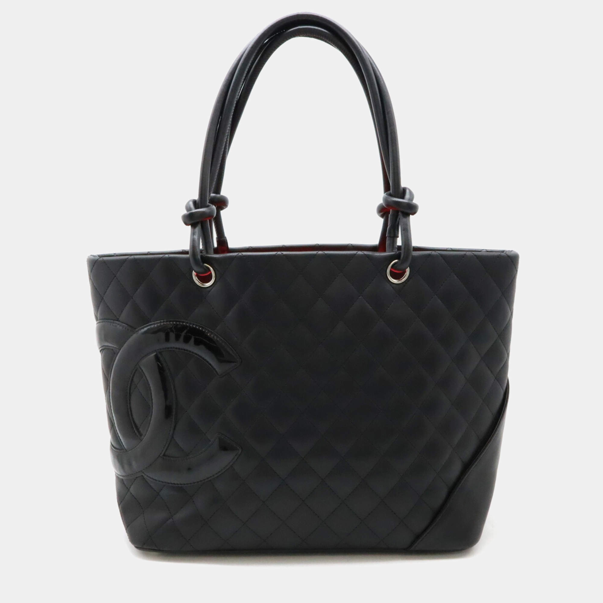 Pre Owned Chanel Black Calfskin Enamel Cambon Line Large Tote Bag 